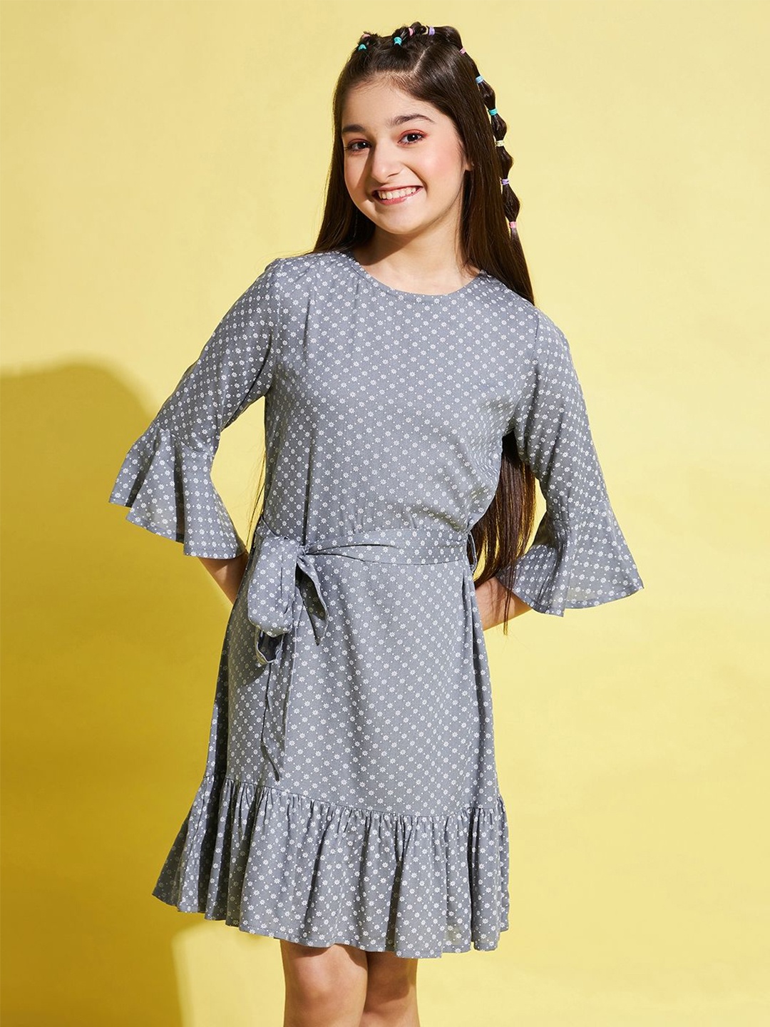 

Stylo Bug Girls Bell Sleeve Tie-Up Detail A-Line Dress, Grey