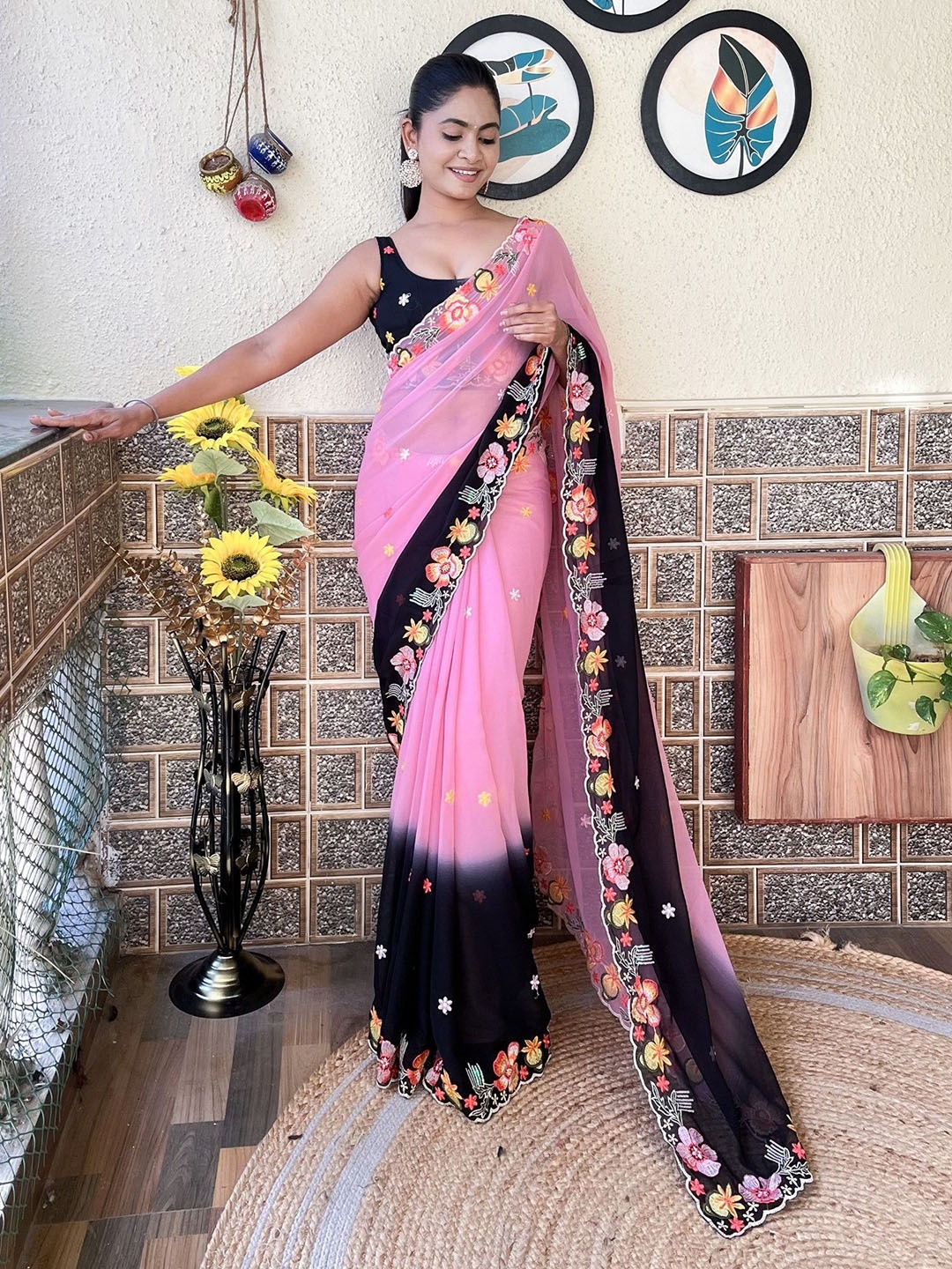 

LeeliPeeri Designer Embellished Embroidered Pure Georgette Saree, Black