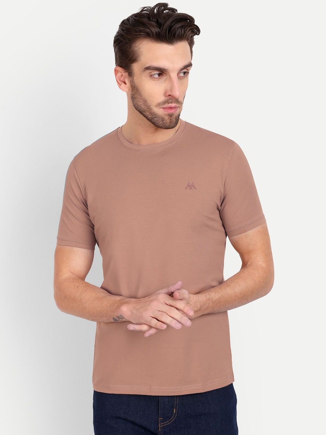 

MEGHZ Men Solid Round Neck Slim Fit T-shirt, Nude