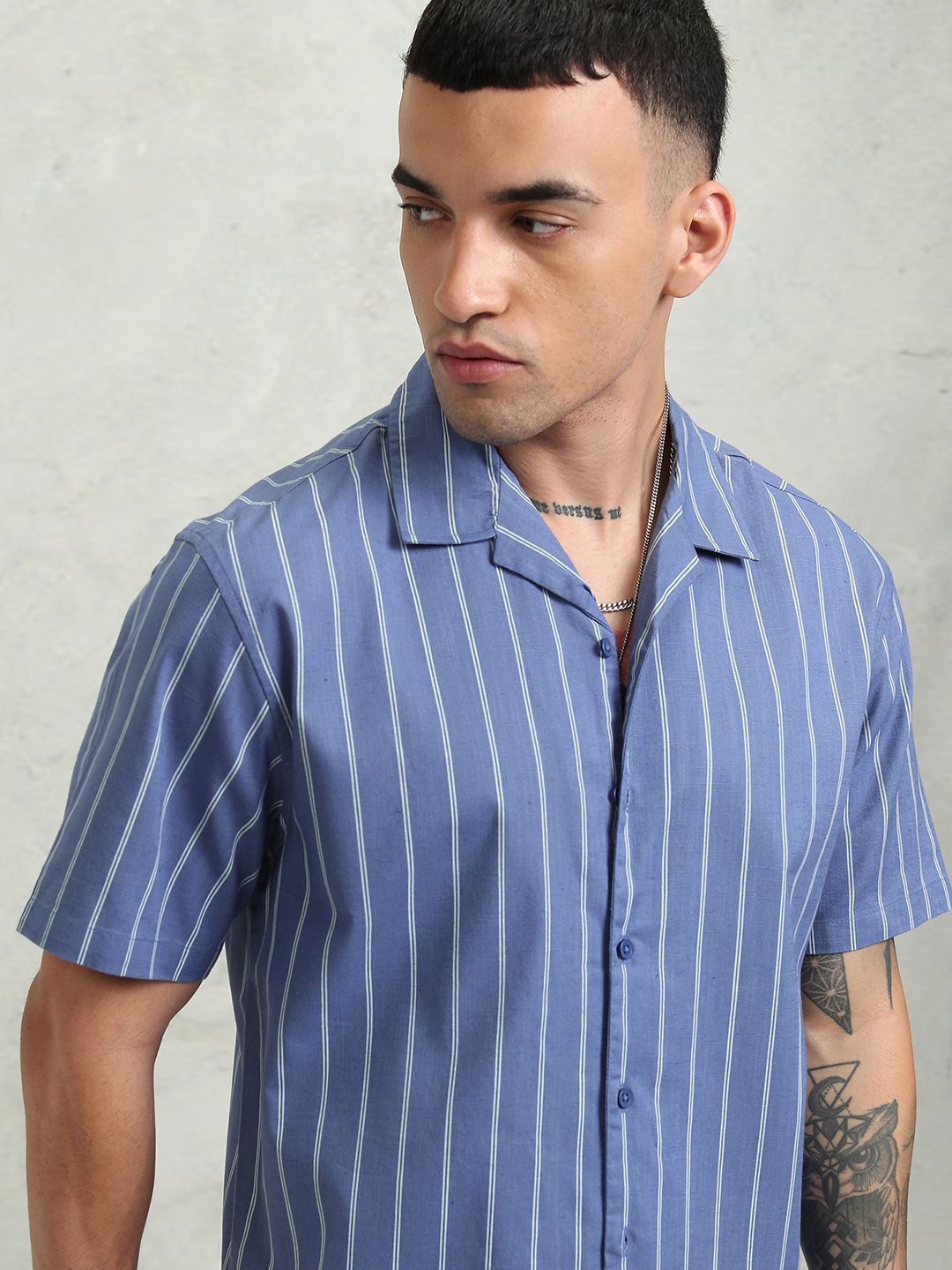 

HIGHLANDER Men Cotton Linen Printed Striped Cuban Collar Relaxed Shirt, Blue
