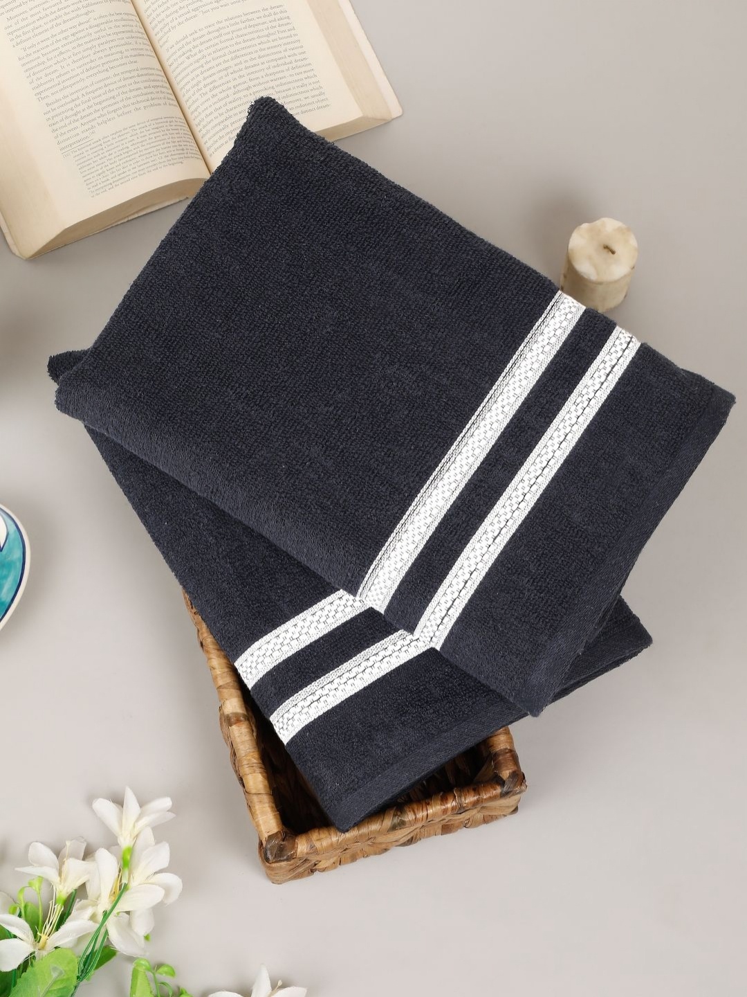 

Creeva Comfort Living Navy Blue & White 2 Pieces Striped Cotton 410 GSM Bath Towels