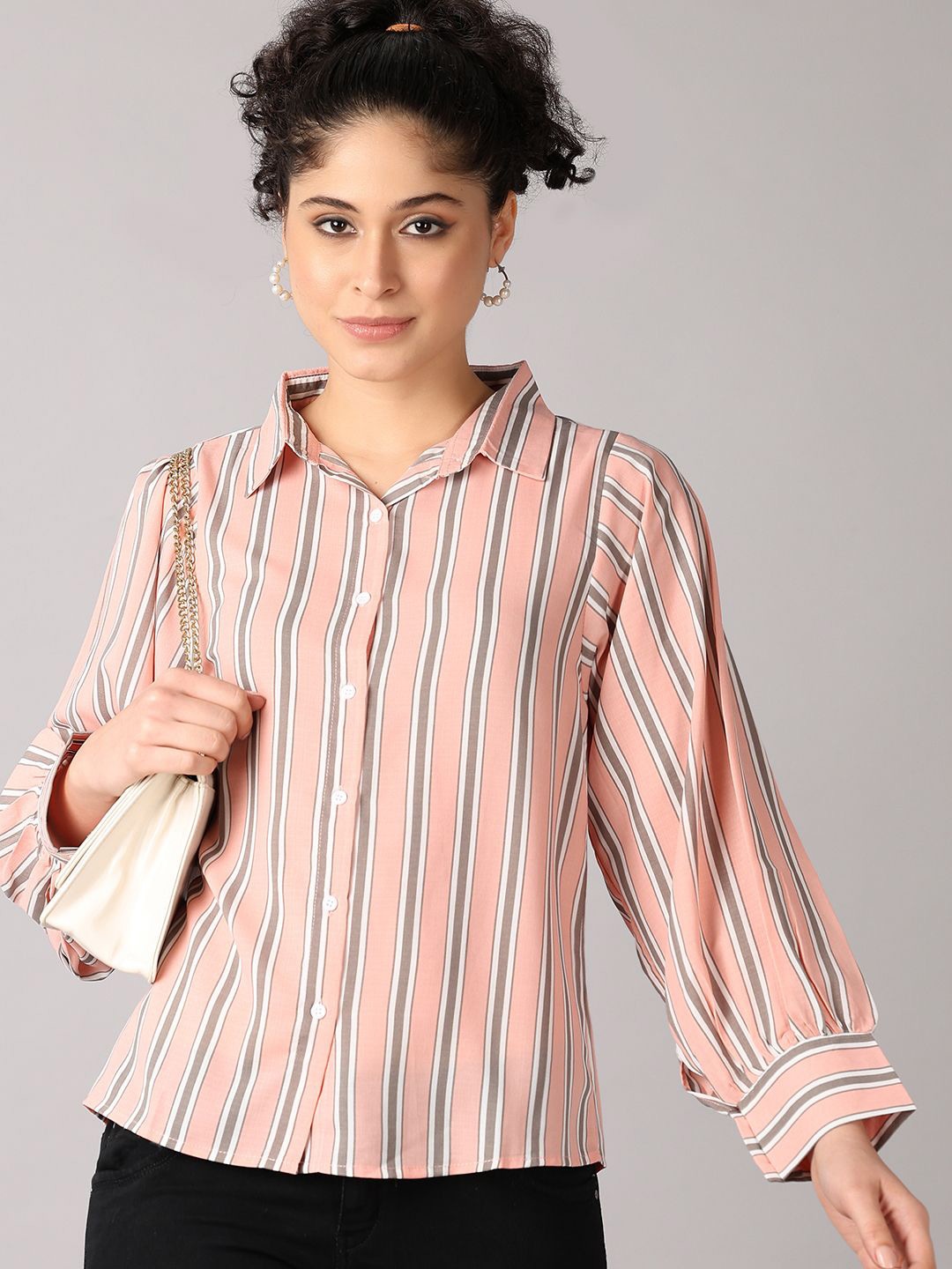 

V-Mart Women Classic Boxy Opaque Striped Casual Shirt, Peach