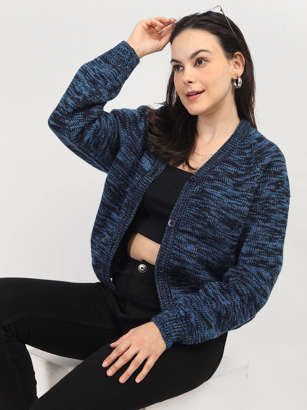 

CHKOKKO Women Woollen V-Neck Solid Cardigan, Blue