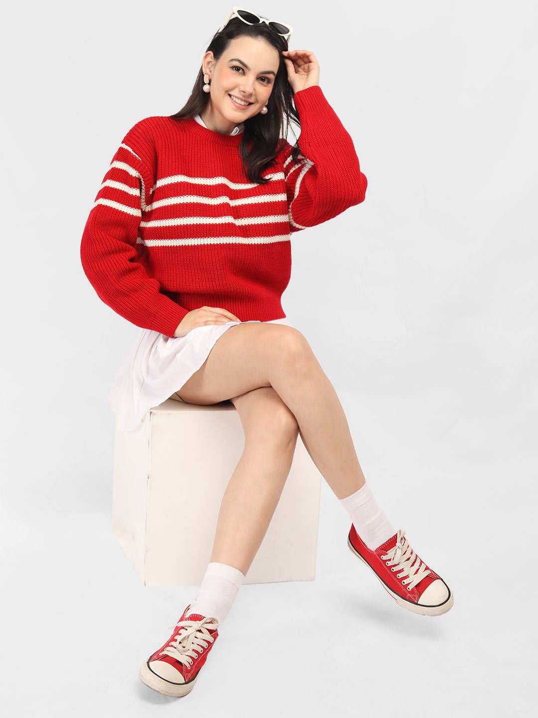 

CHKOKKO Women Striped Woollen Pullover, Red