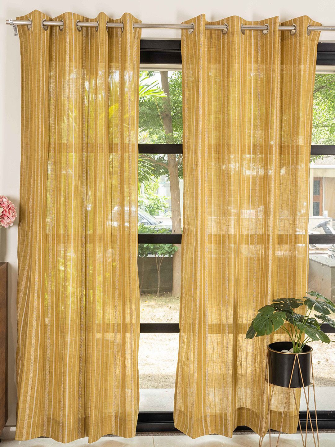 

URBAN SPACE Mustard & White 2 Pieces Embroidered Sheer Long Door Curtain