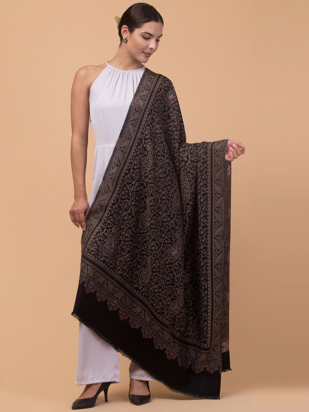 

Tweedle Paisley Woven Design Zari Acrylic Shawl, Black