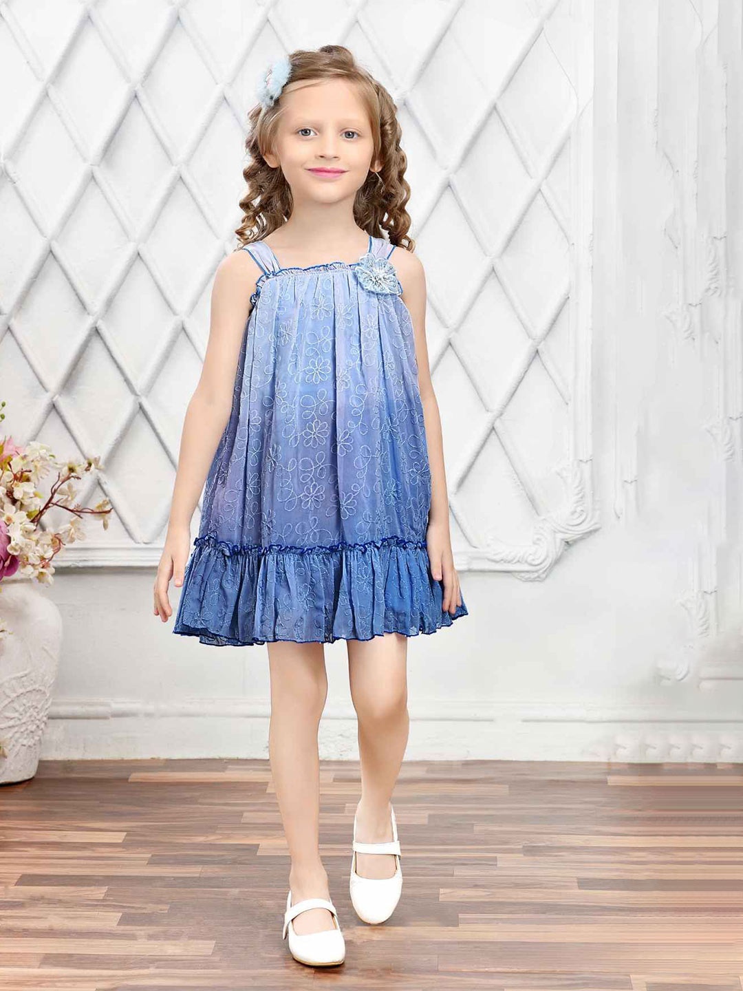 

Lagorii Girls Embroidered Georgette A-Line Dress, Blue