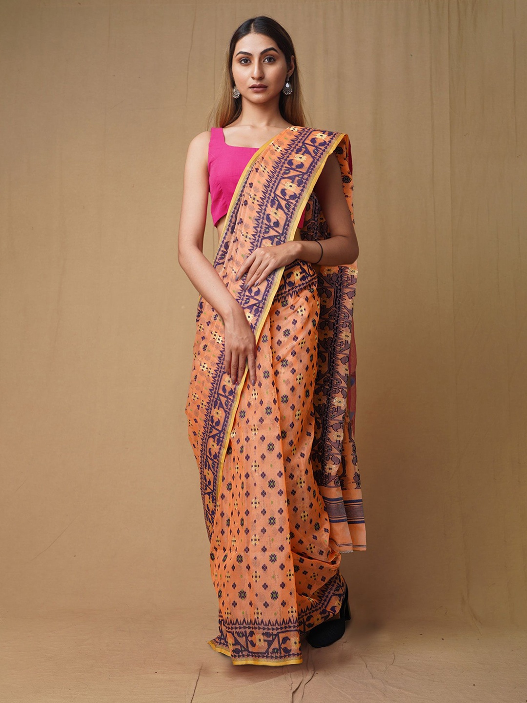 

Unnati Silks Ethnic Motifs Pure Cotton Jamdani Saree, Orange