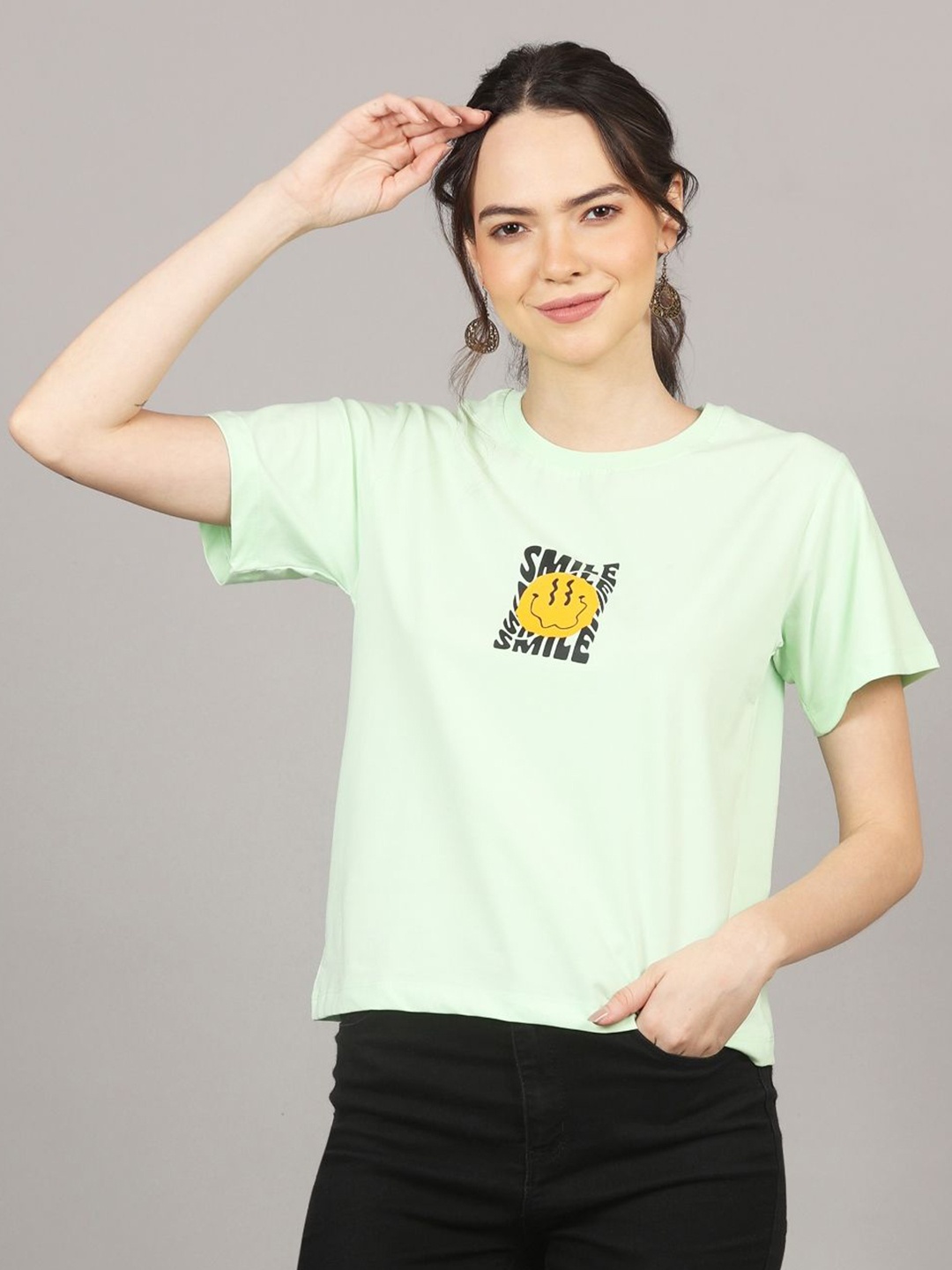 

AECK Women Graphic Printed Round Neck Cotton Relaxed Fit T-shirt, Green