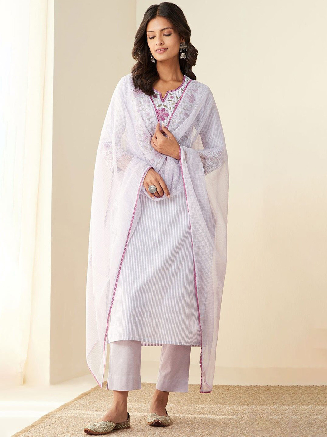 

Anni Designer Striped Embroidered Regular Straight Kurta with Trousers & Dupatta, Purple