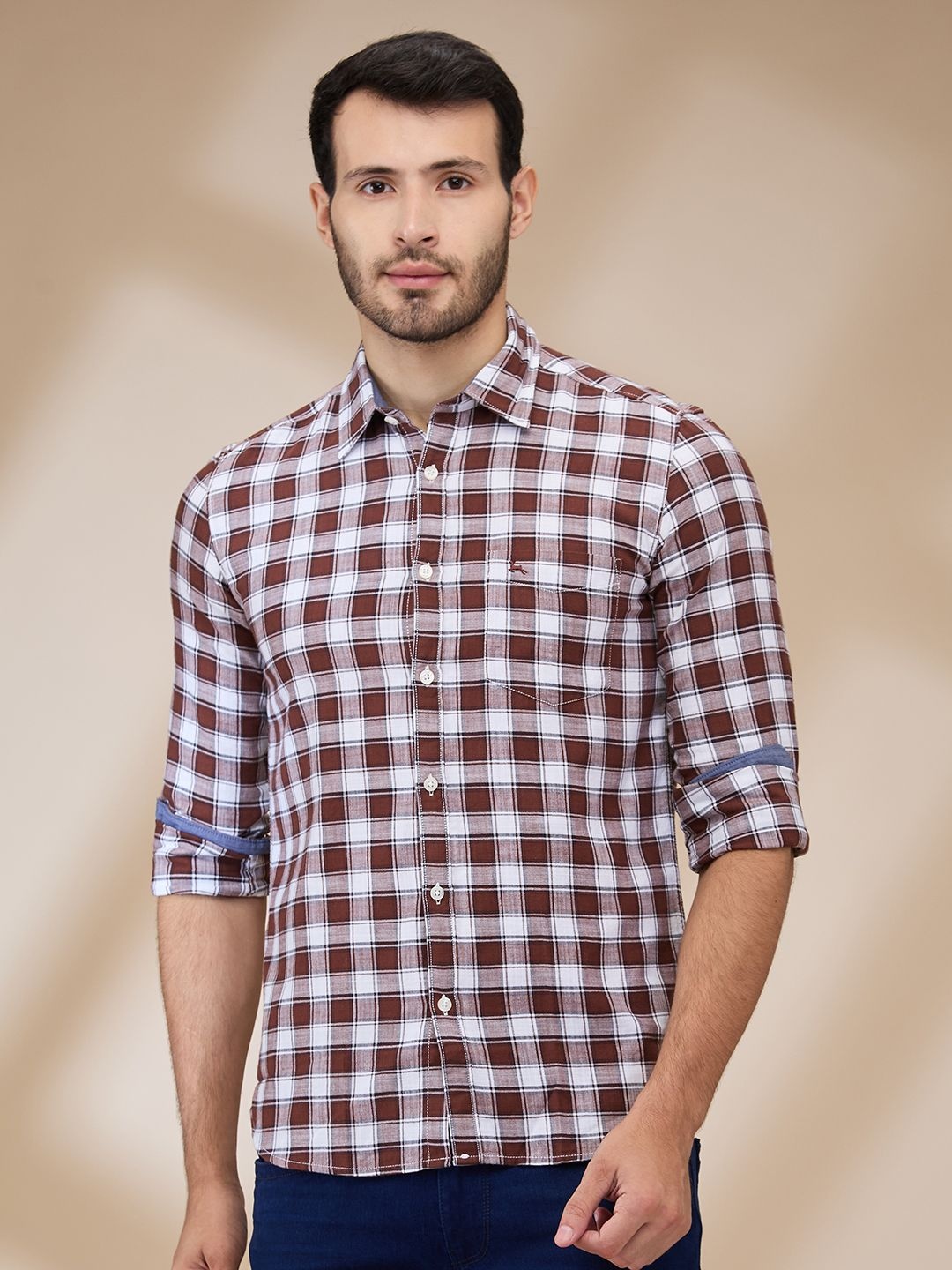 

Parx Men Spread Collar Tartan Checked Cotton Slim Fit Casual Shirt, Brown