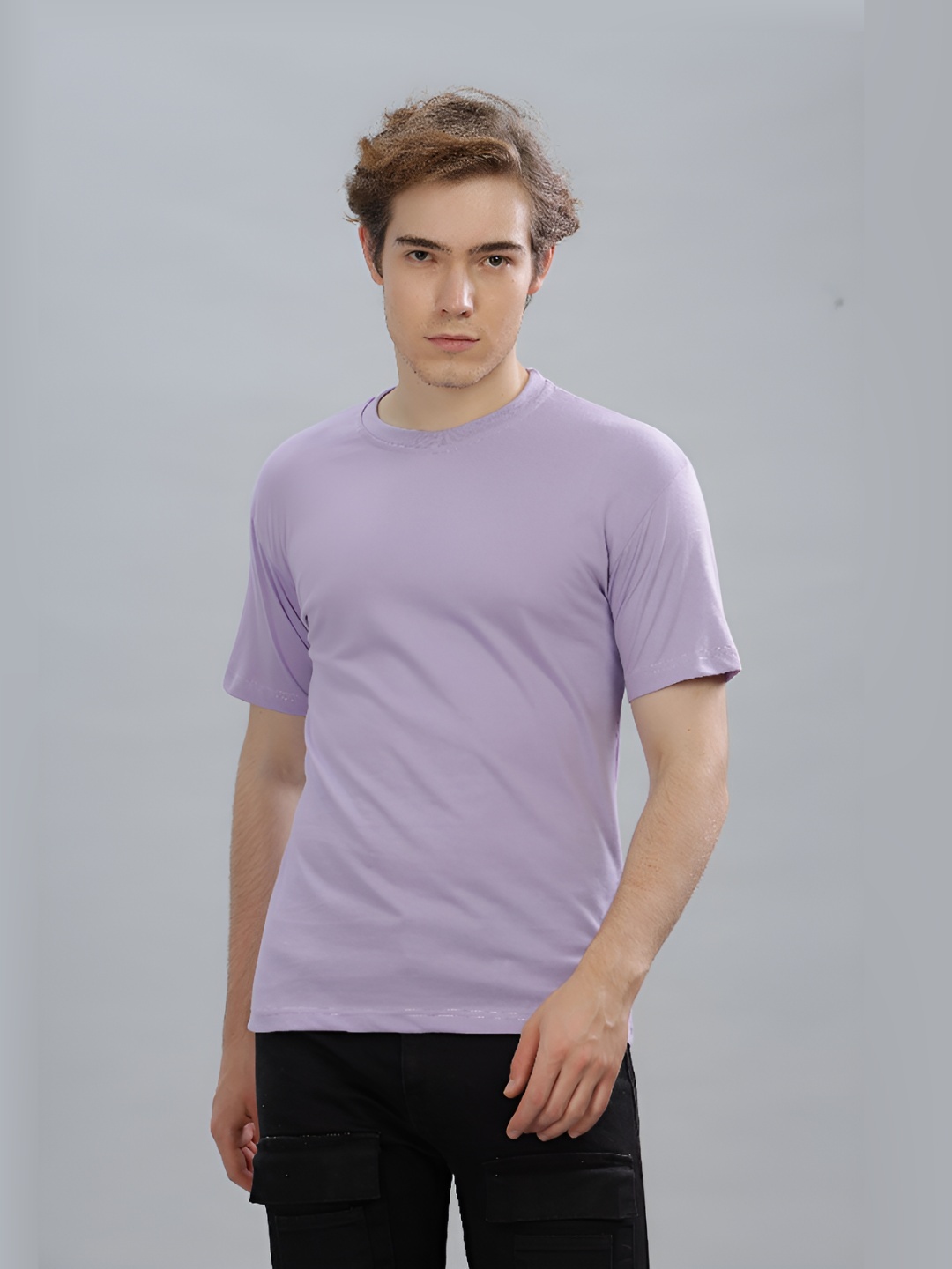 

FALTU.CO Men Solid Round Neck Pure Cotton Oversized T-shirt, Lavender