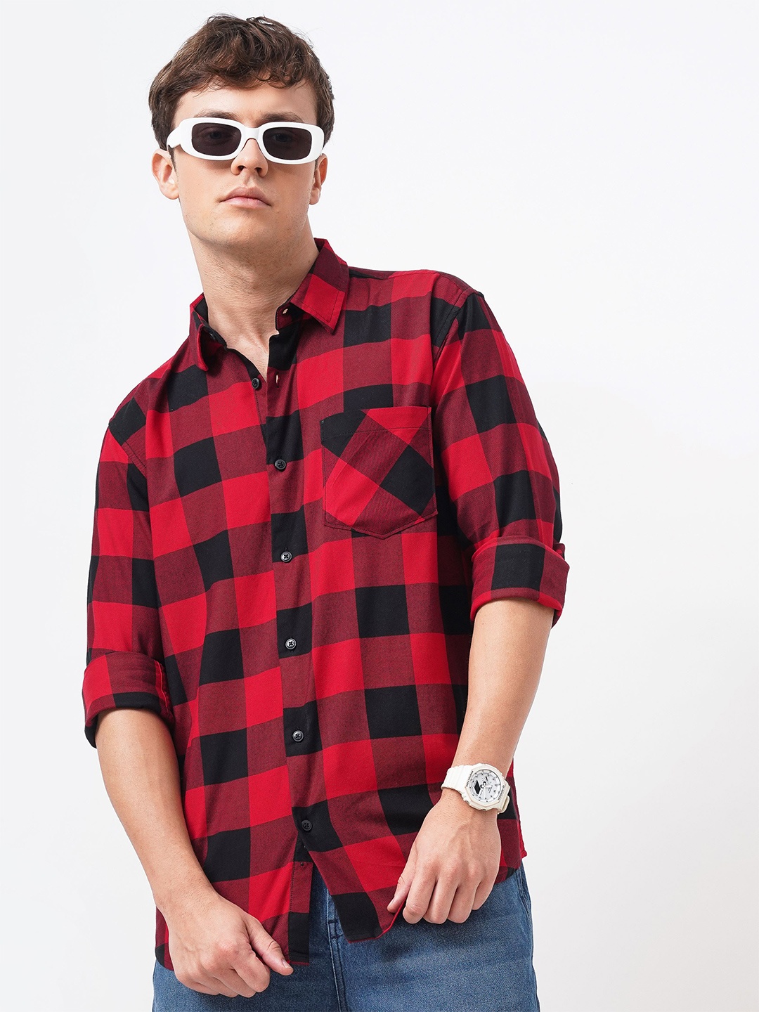 

British Club Men Standard Spread Collar Buffalo Checked Cotton Casual Shirt, Red