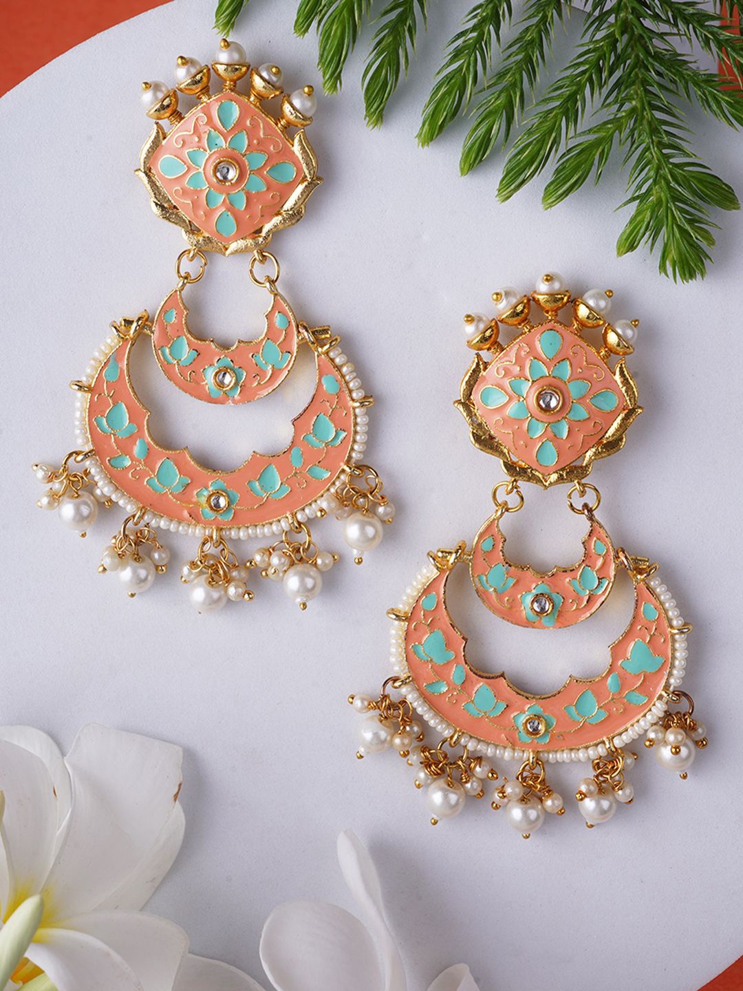 

Adwitiya Collection Gold Plated Artificial Stones Studded Classic Chandbalis, Peach