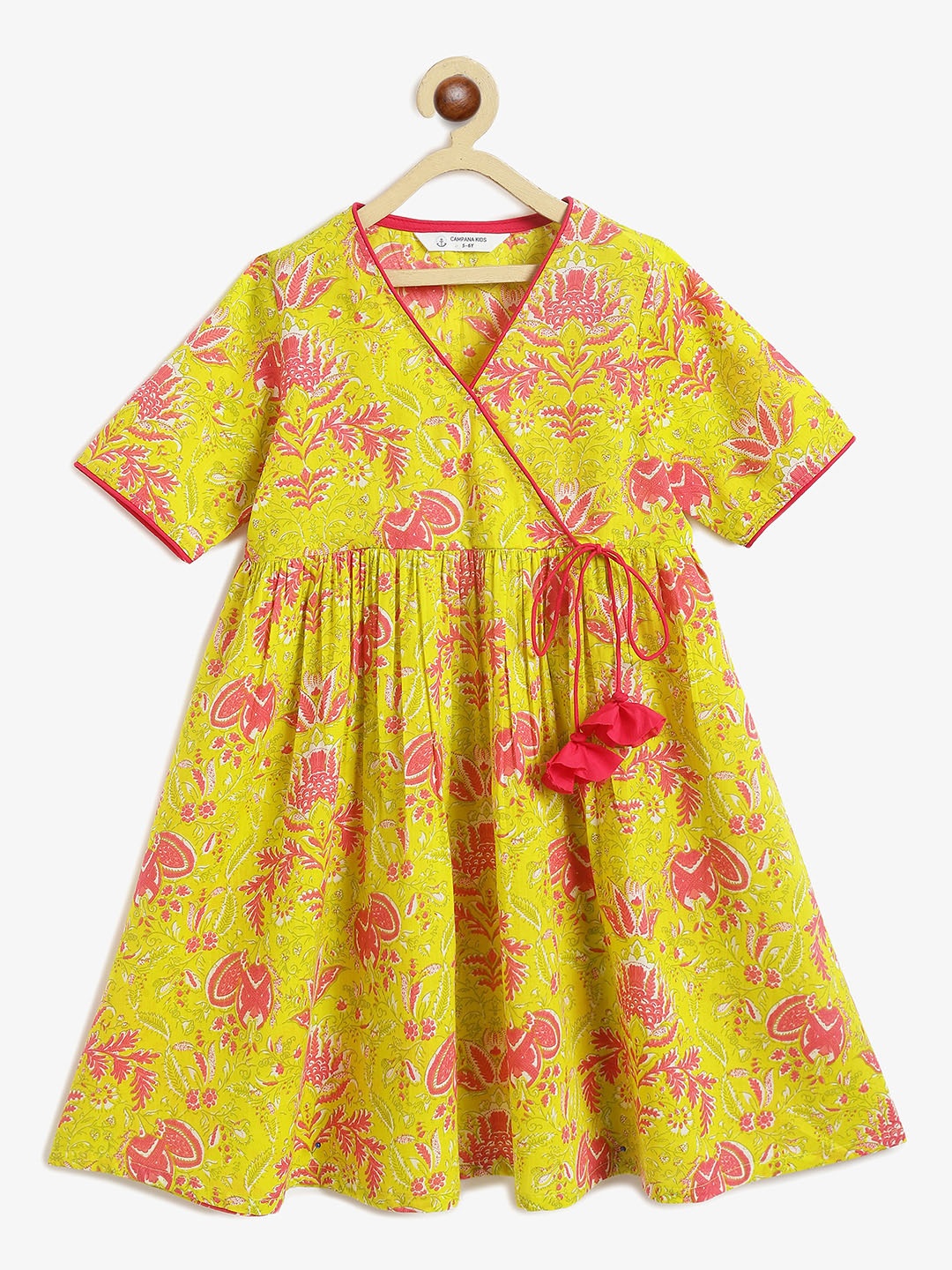 

Campana Nihira Girls Floral Printed V-Neck Cotton Anarkali Kurta, Lime green