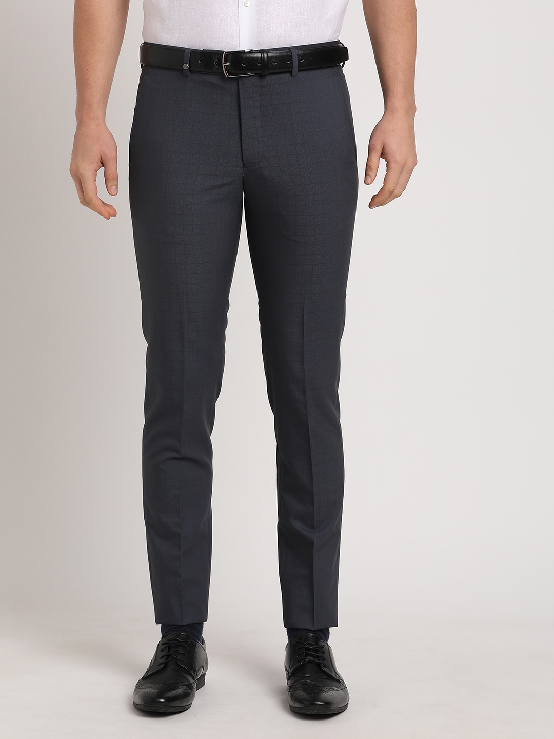 

Turtle Men Checked Tailored Skinny Fit Formal Trousers, Grey