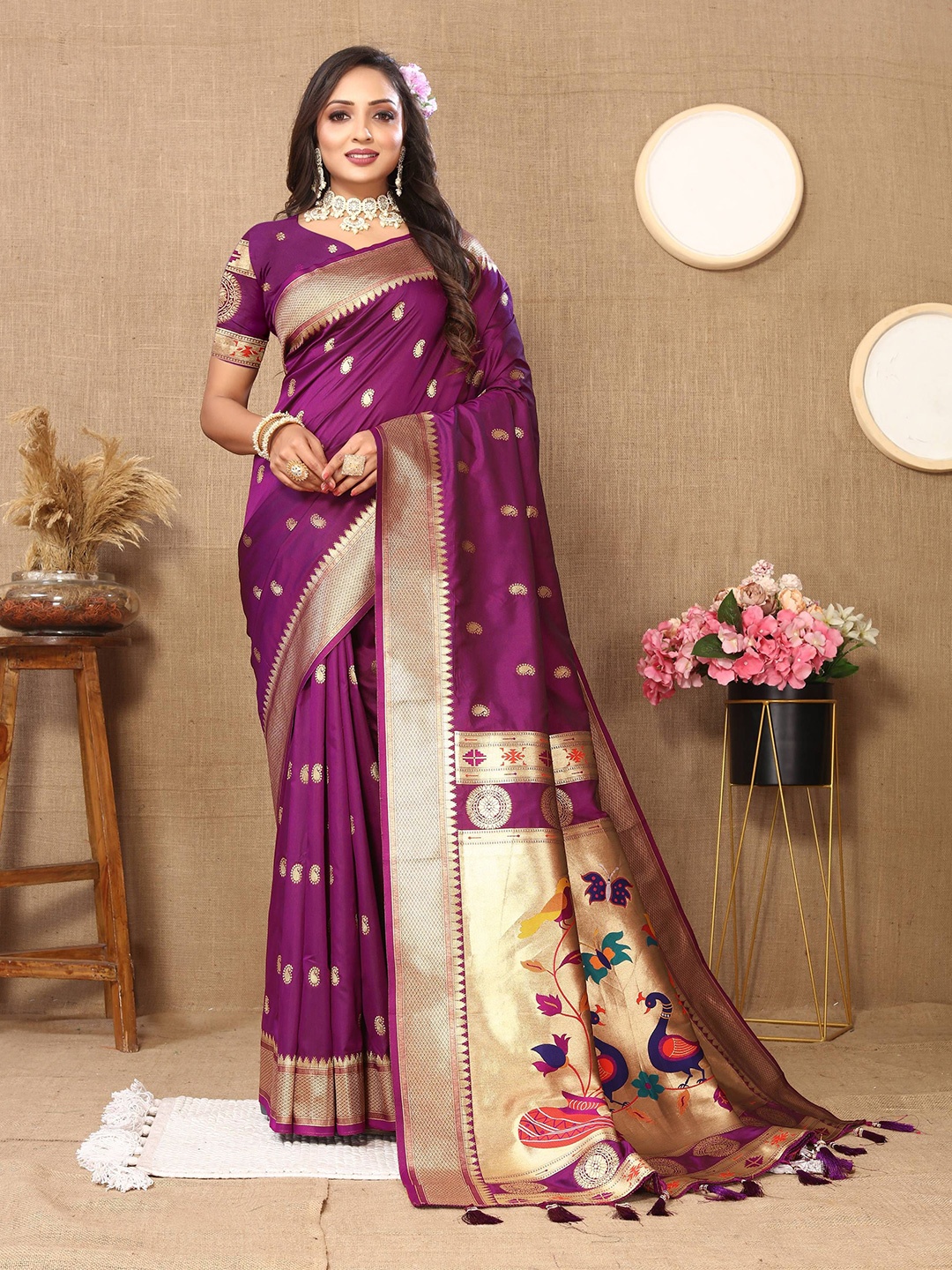 

Zeekha Woven Design Zari Pure Silk Paithani Saree, Purple