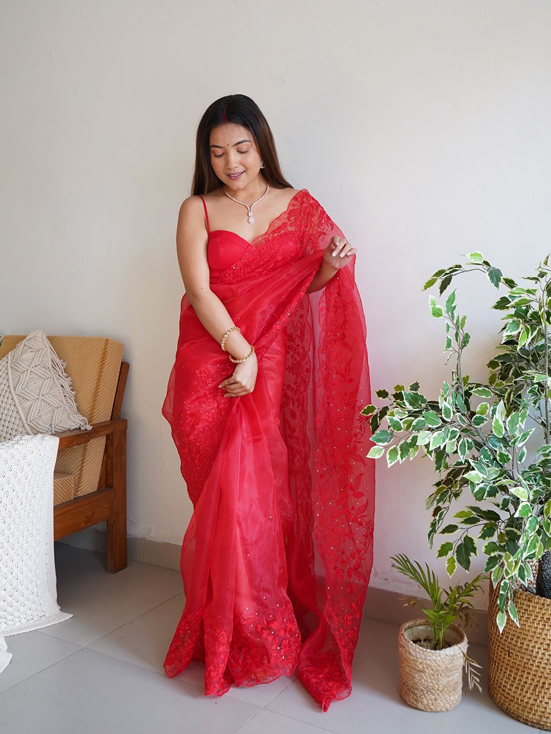 

Ishin Beads and Stones Embroidered Saree With Blouse Piece, Red