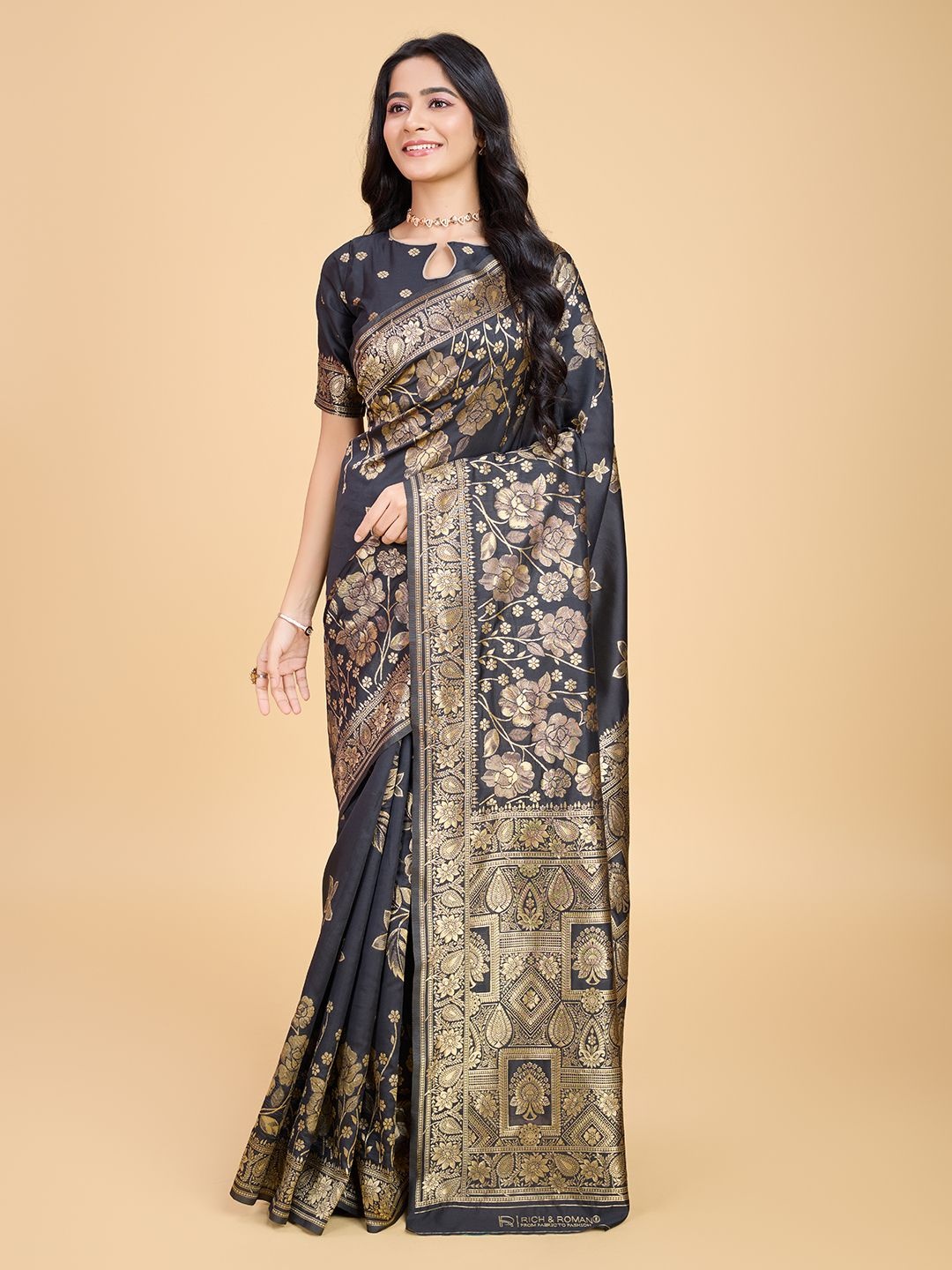 

RICH & ROMAN Woven Design Zari Pure Silk Banarasi Saree, Black