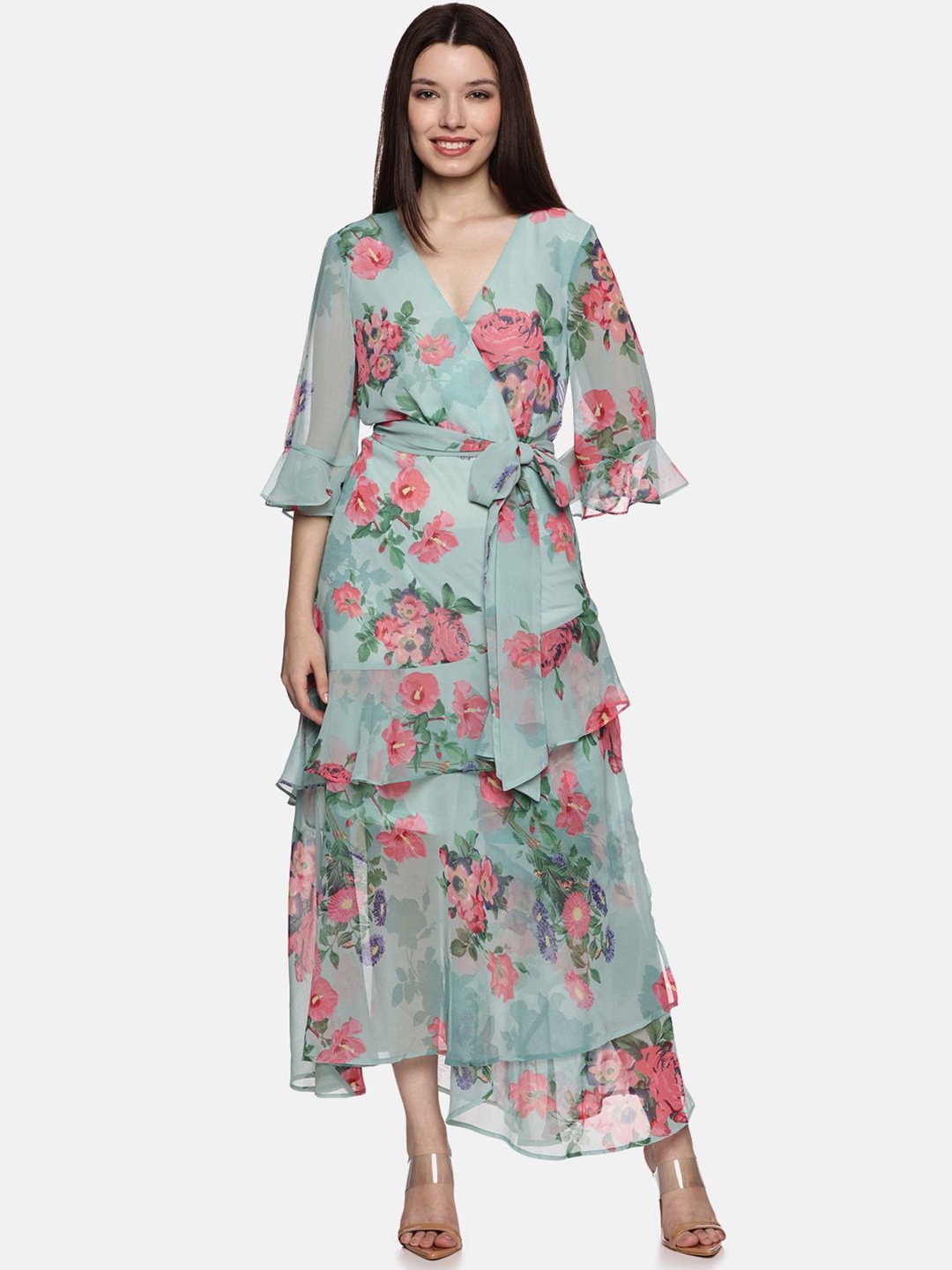 

ISU Floral Printed Flared Sleeve Georgette Maxi Dress, Green