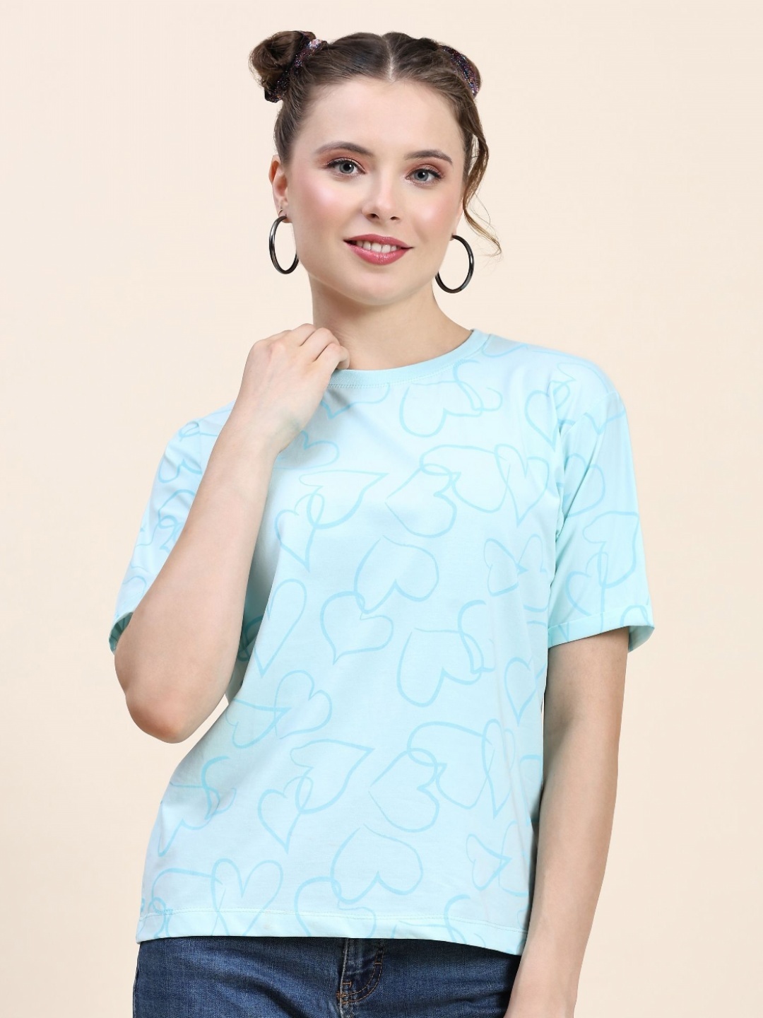 

AECK Women Conversational Printed Round Neck Cotton Relaxed Fit T-shirt, Blue
