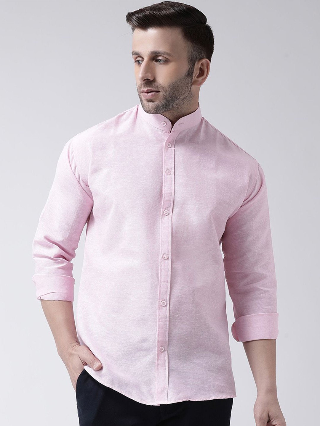 

KLOSET BY RIAG Men Classic Band Collar Solid Cotton Casual Shirt, Pink