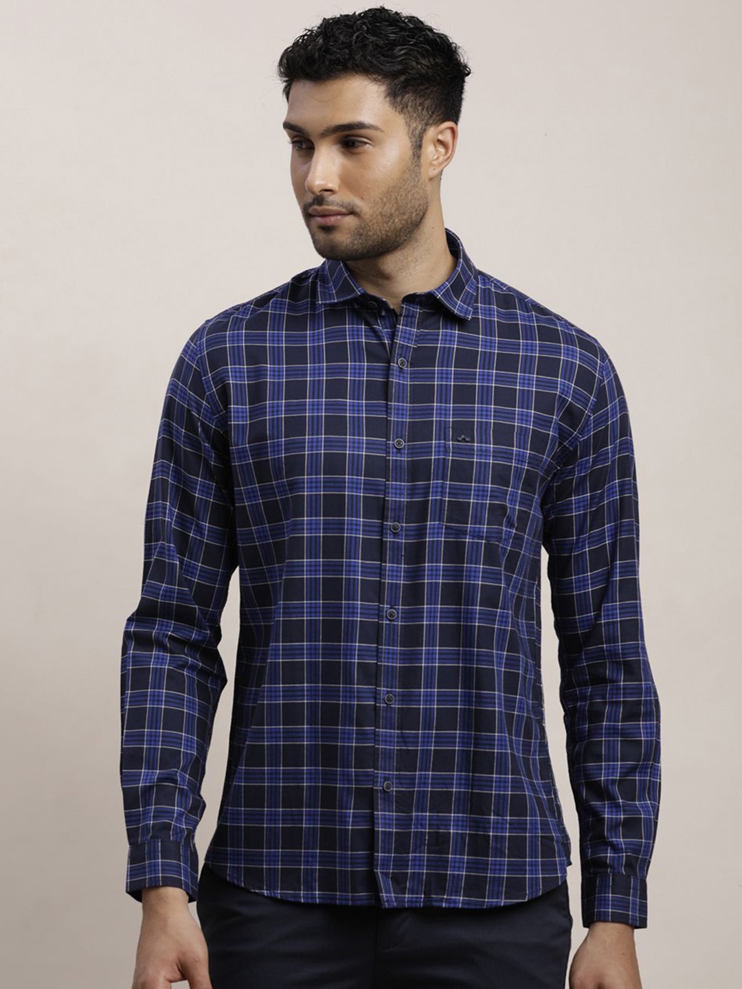 

Turtle Men Relaxed Spread Collar Tartan Checked Cotton Slim Fit Casual Shirt, Navy blue
