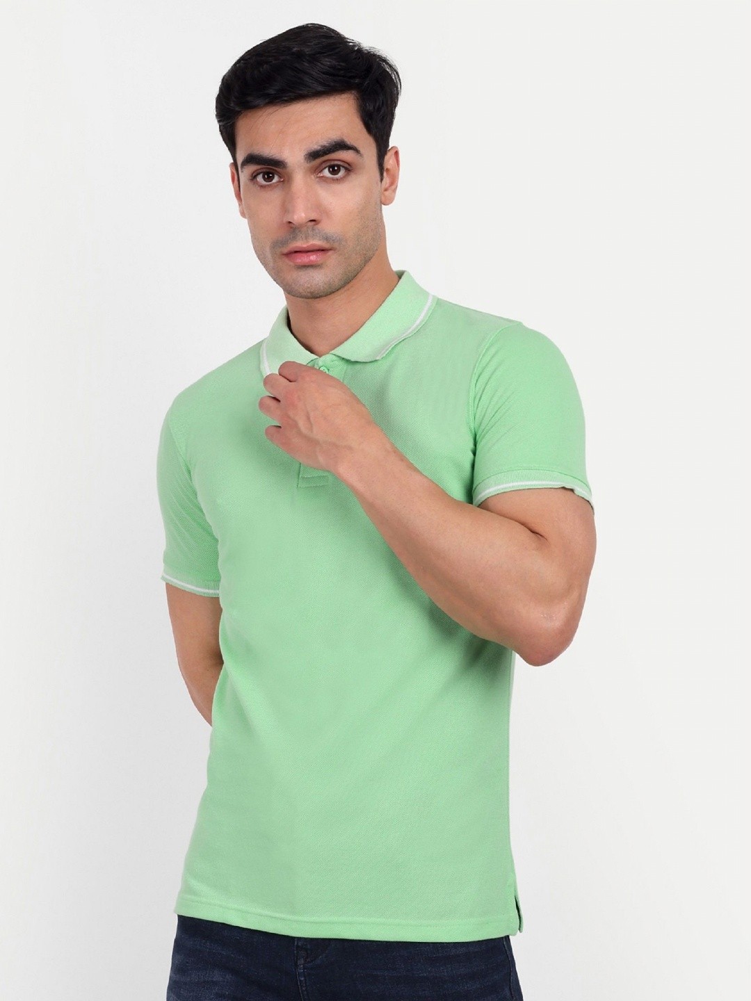 

MEGHZ Men Solid Polo Collar Cotton Slim Fit T-shirt, Green