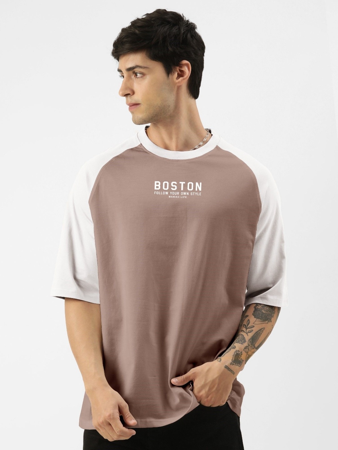 

Maniac Men Typography Printed Round Neck Cotton Oversized T-shirt, Pink