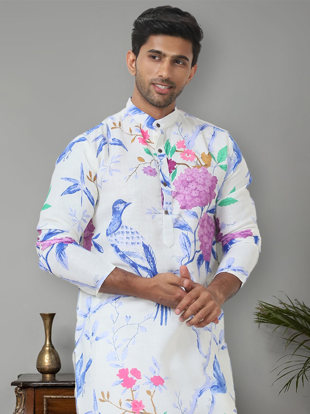 

Jompers Floral Printed Band Collar Pure Cotton Straight Kurta, Blue