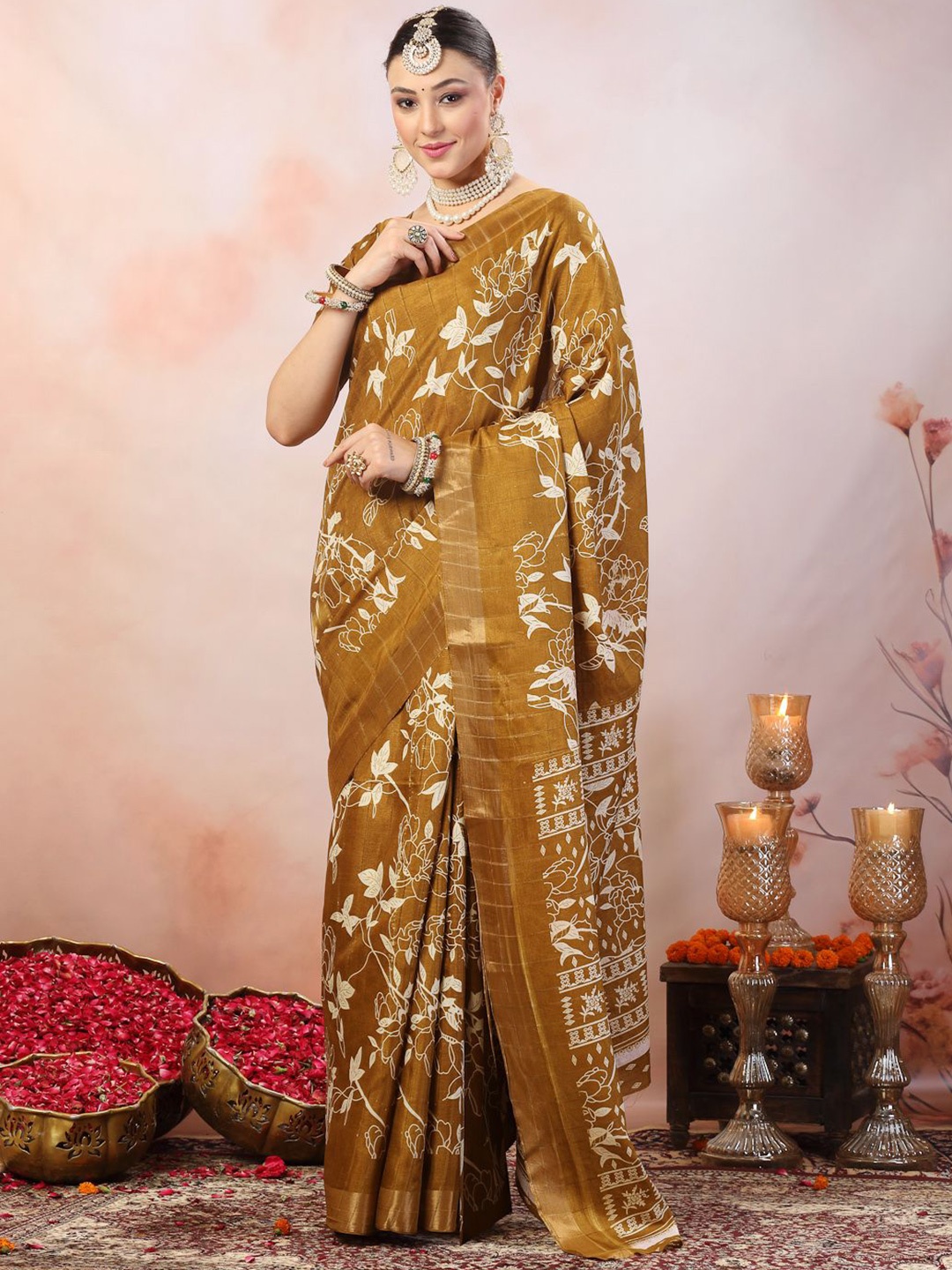 

Stylum Floral Printed Zari Saree, Brown