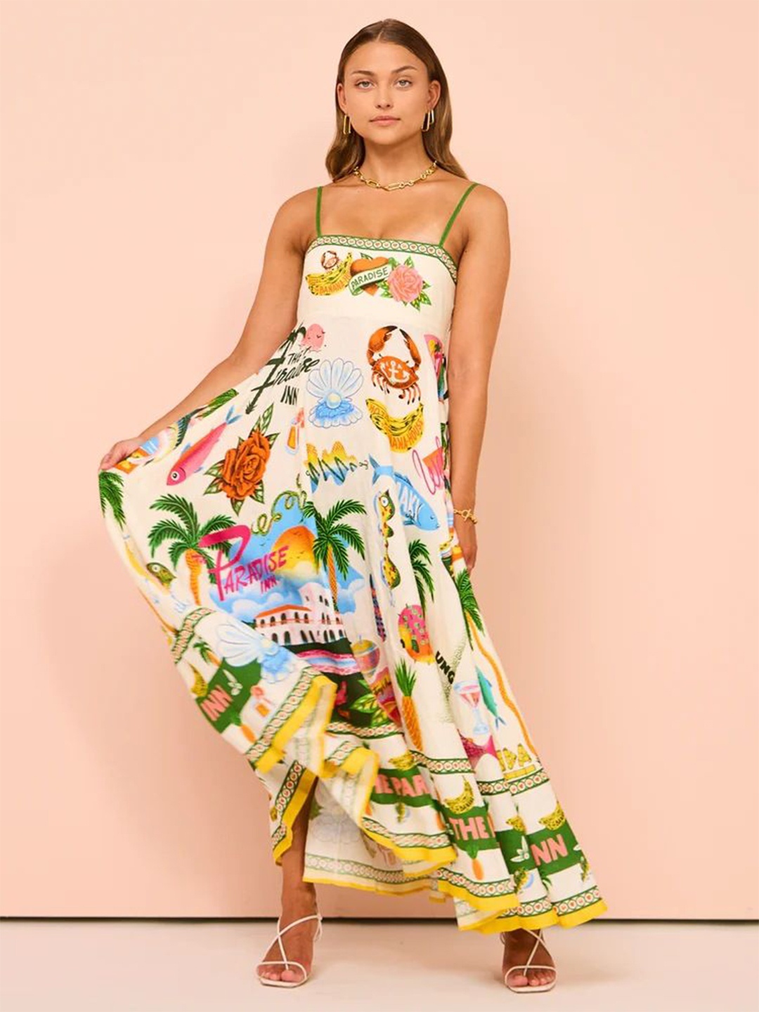 

MIAKEE Women Square Neck Shoulder Straps Tropical Printed A-Line Maxi Dress, Cream