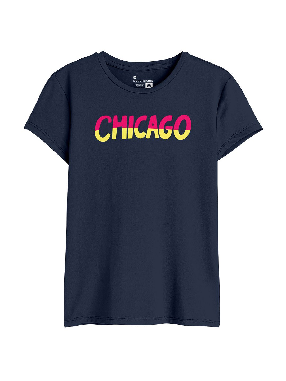

BonOrganik Women Typography Printed Round Neck Cotton T-shirt, Navy blue