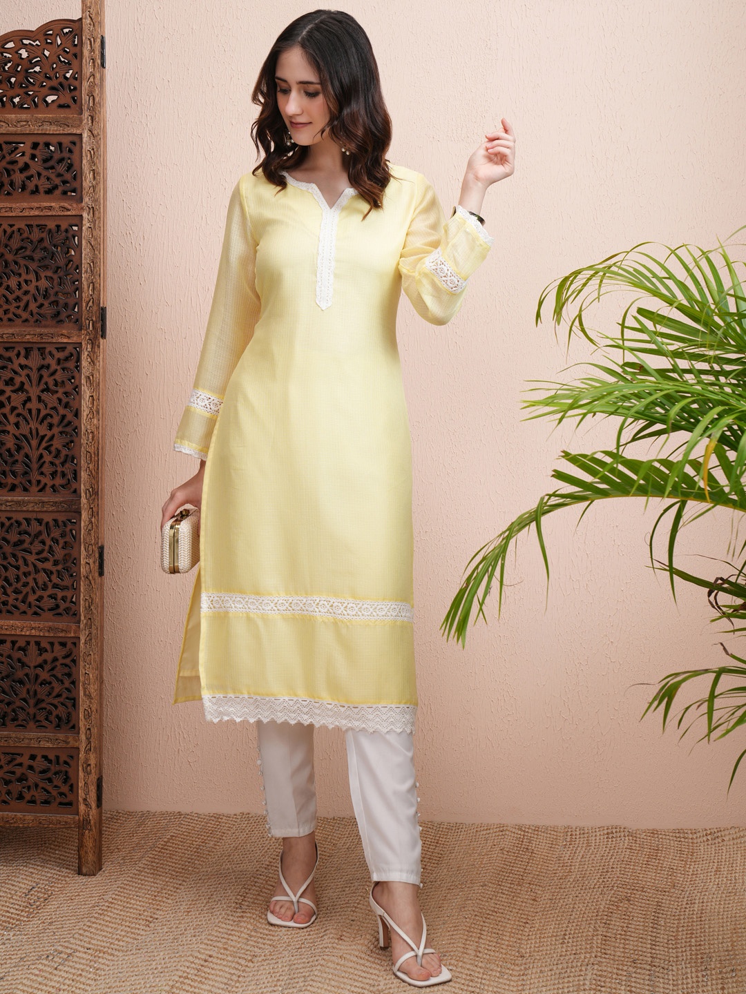 

Vishudh Yellow Floral Embroidered Notch Neck Straight Kurta