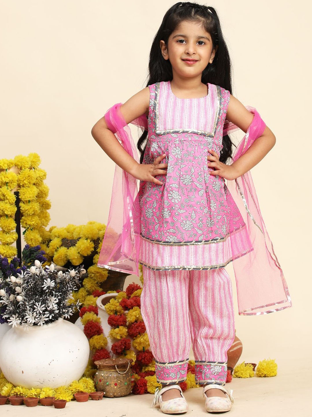 

Cutiekins Girls Floral Printed Empire Gotta Patti A-Line Kurta With Salwar & Dupatta, Pink