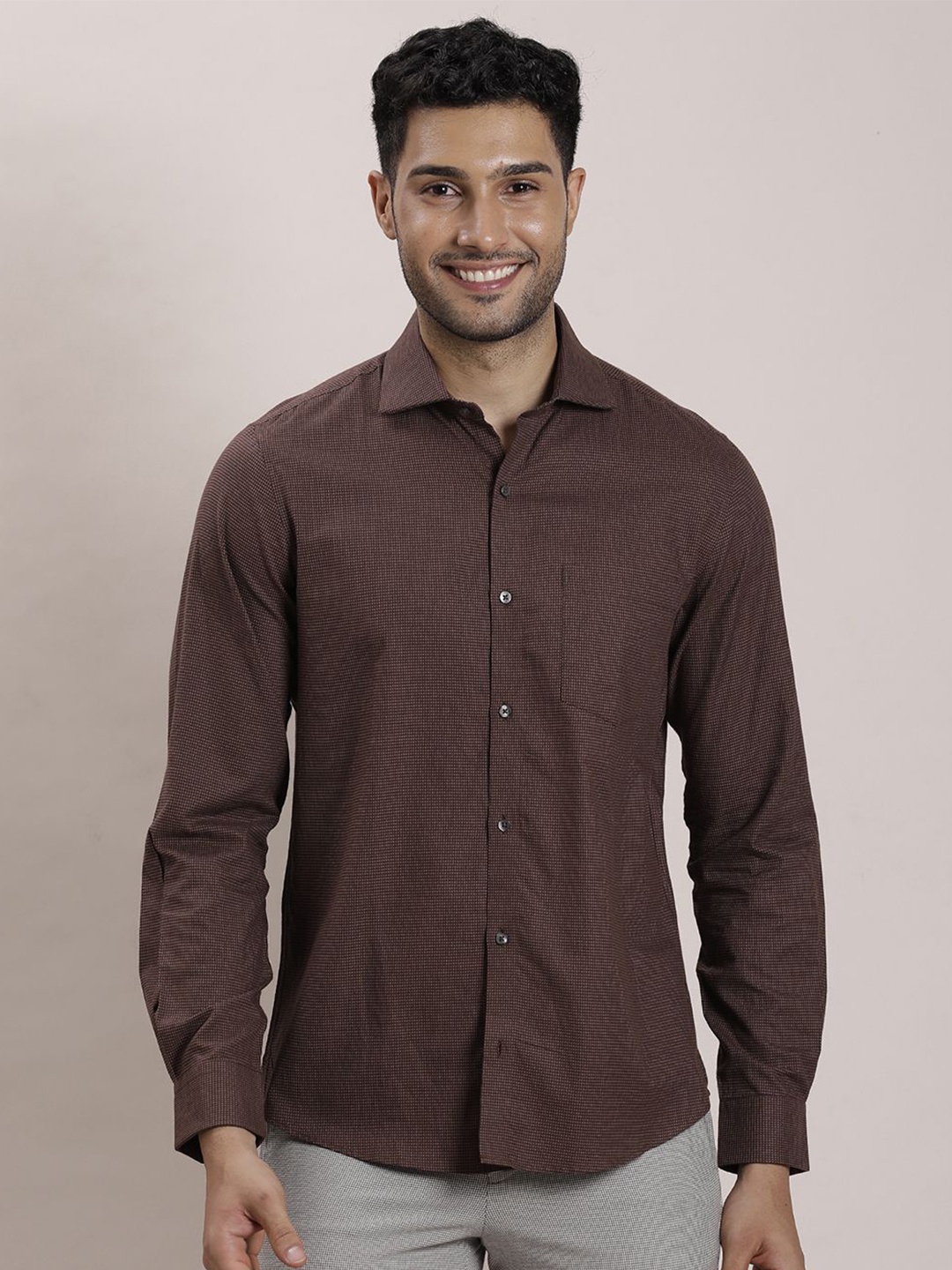 

Turtle Men Classic Spread Collar Micro Ditsy Printed Cotton Slim Fit Formal Shirt, Brown