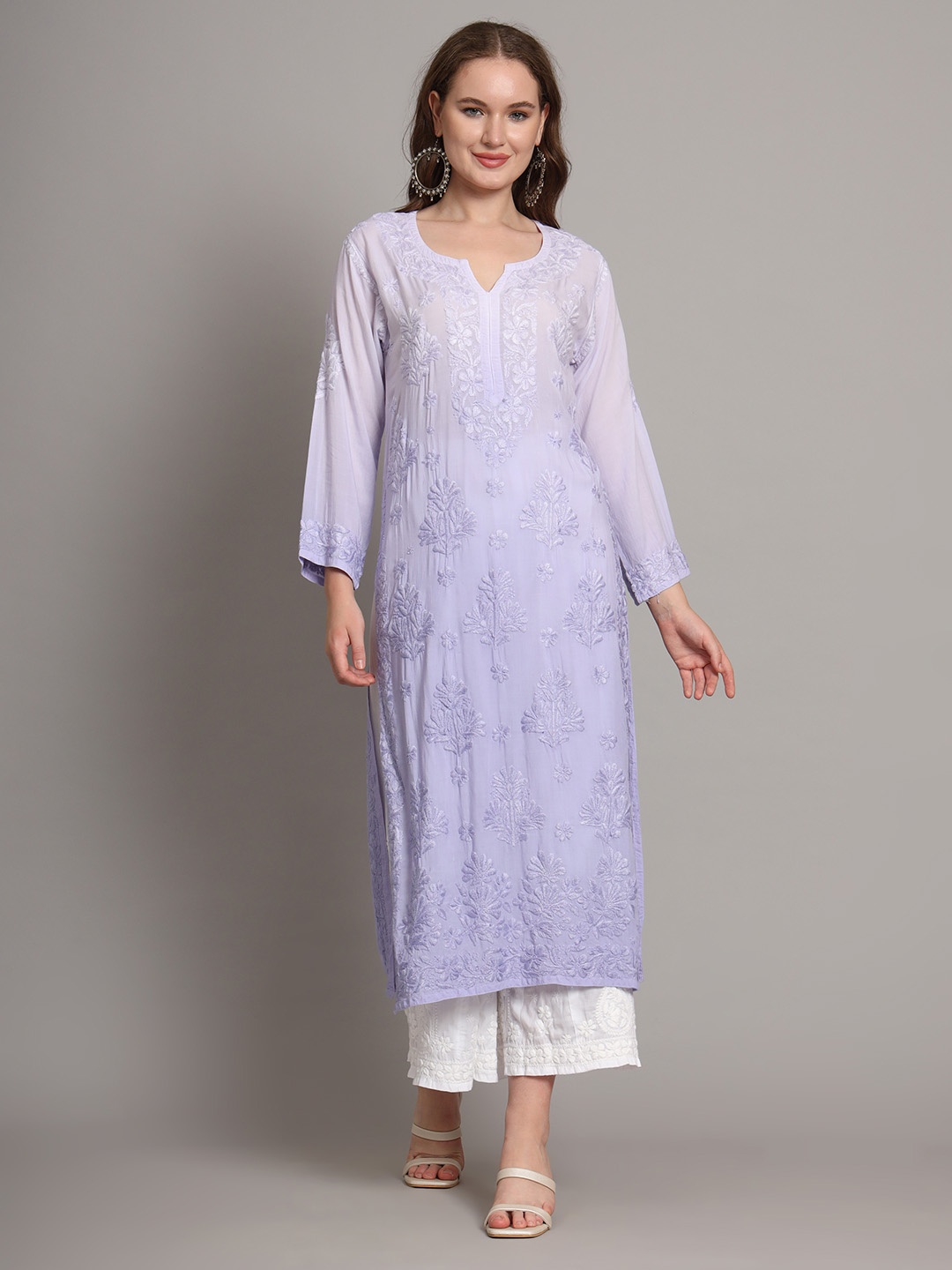 

The Chikan Label Floral Embroidered Chikankari Straight Kurta, Purple