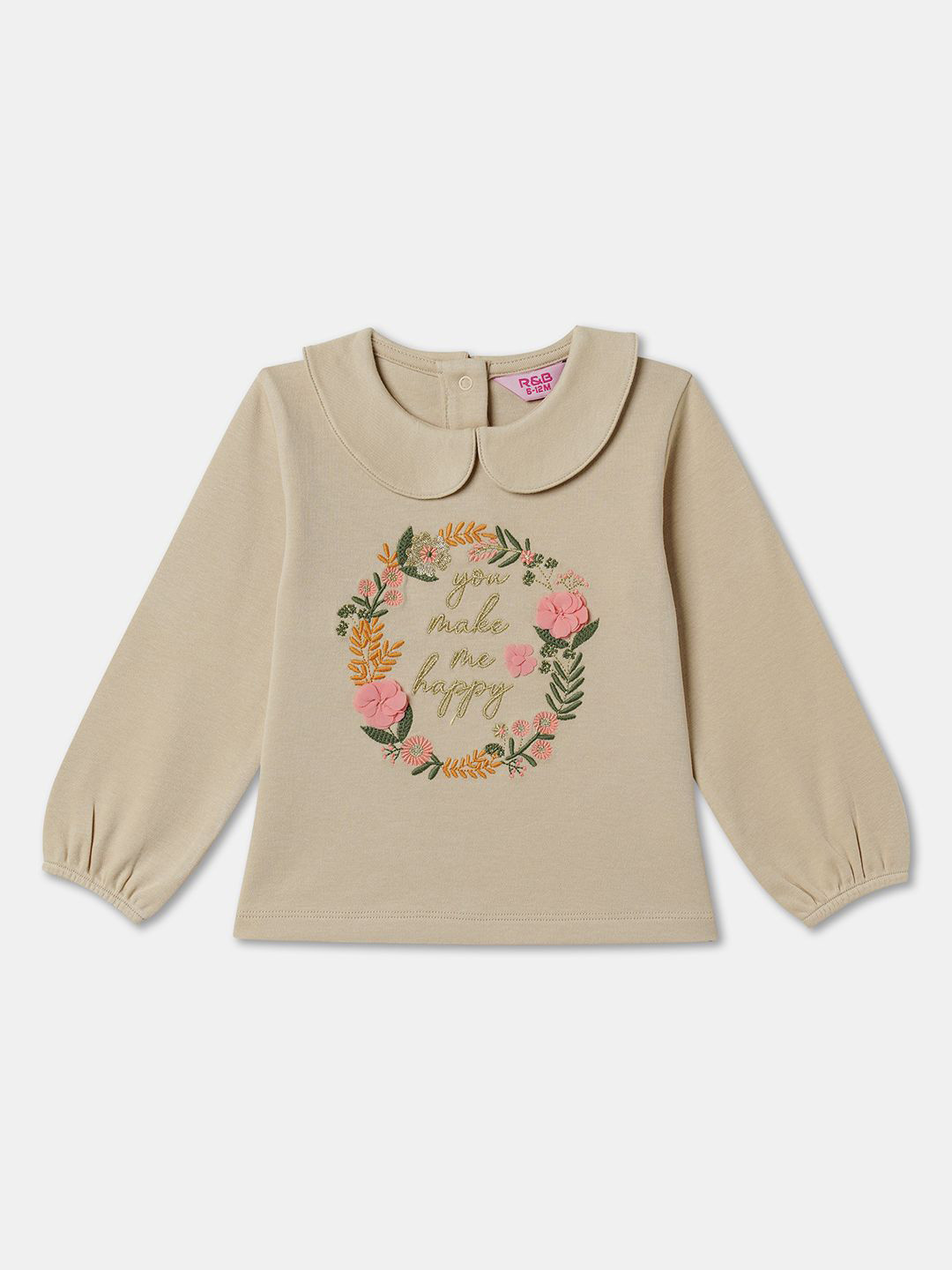 

R&B Girls Graphic Printed Peter Pan Collar Cotton Top, Beige