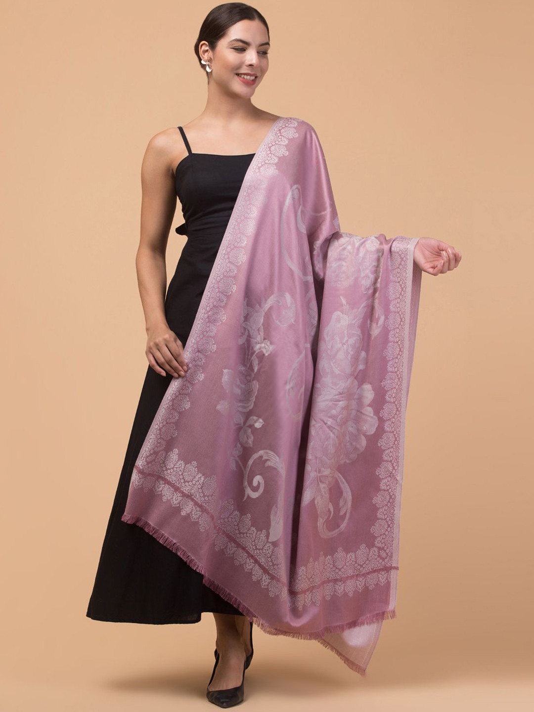 

Tweedle Floral Woven Design Soft and Smooth Acrylic Reversible Shawl, Pink