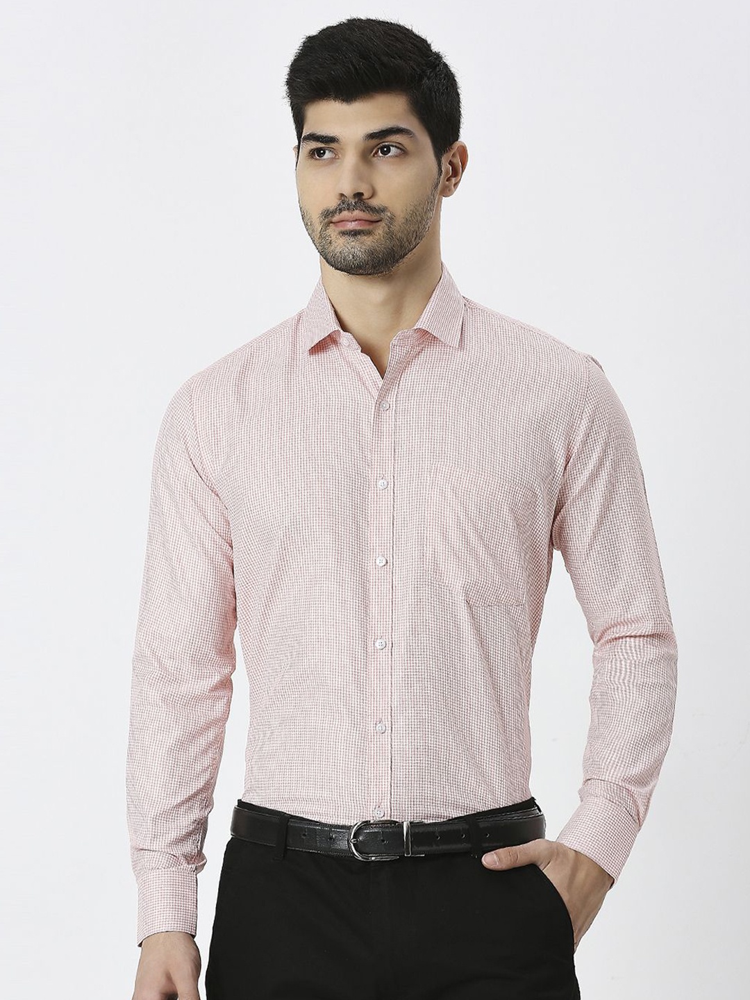 

MARK & ALBERT Men India Slim Spread Collar Micro Checked Cotton Formal Shirt, Pink
