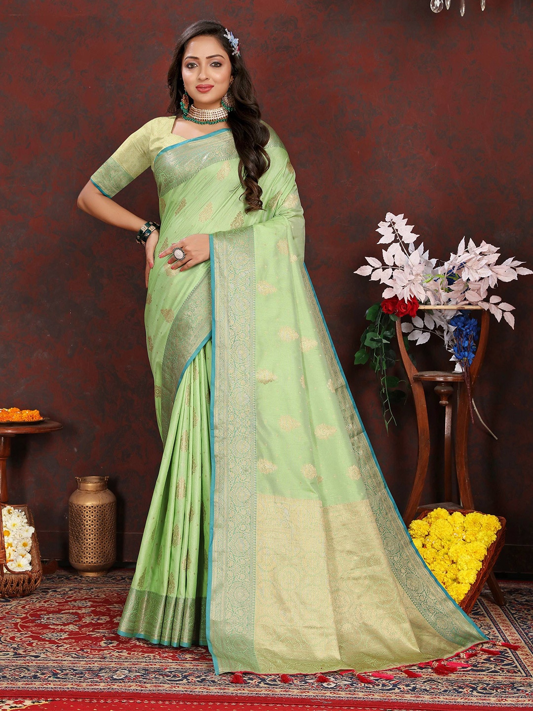 

Zeekha Woven Design Printed Zari Pure Silk Kanjeevaram Saree, Sea green