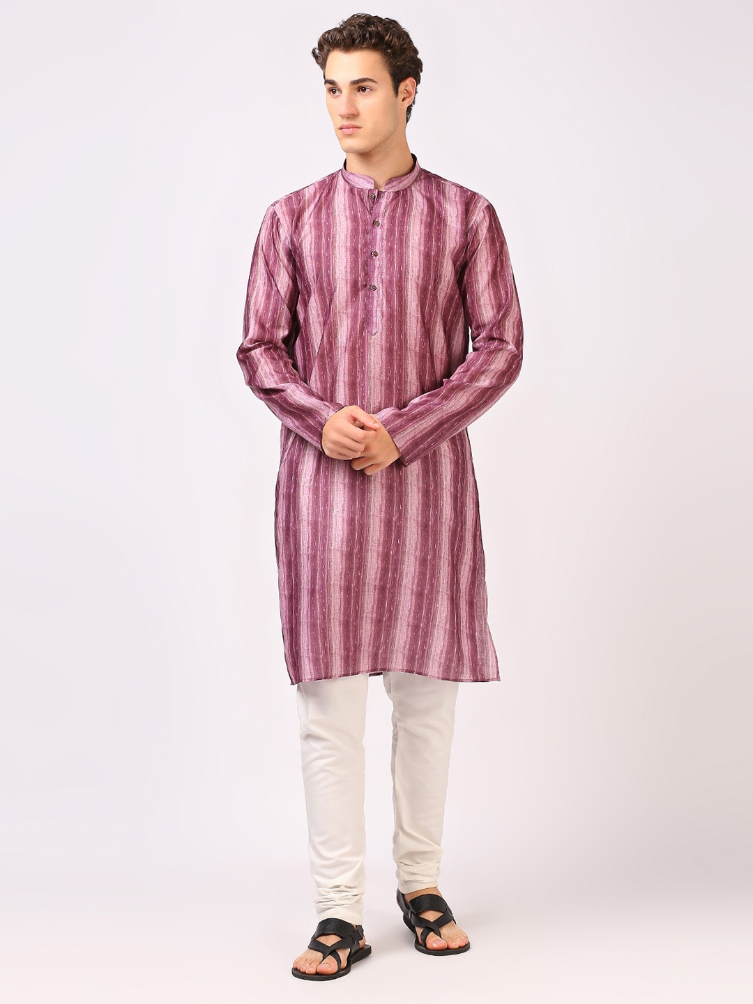 

BELLAZO Striped Mandarin Collar Thread Work Cotton Straight Kurta, Pink