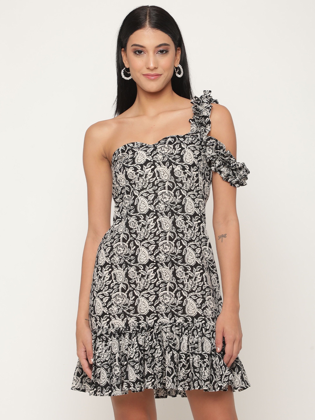 

VIRAGO Women's Floral Print A-Line Dress, Black