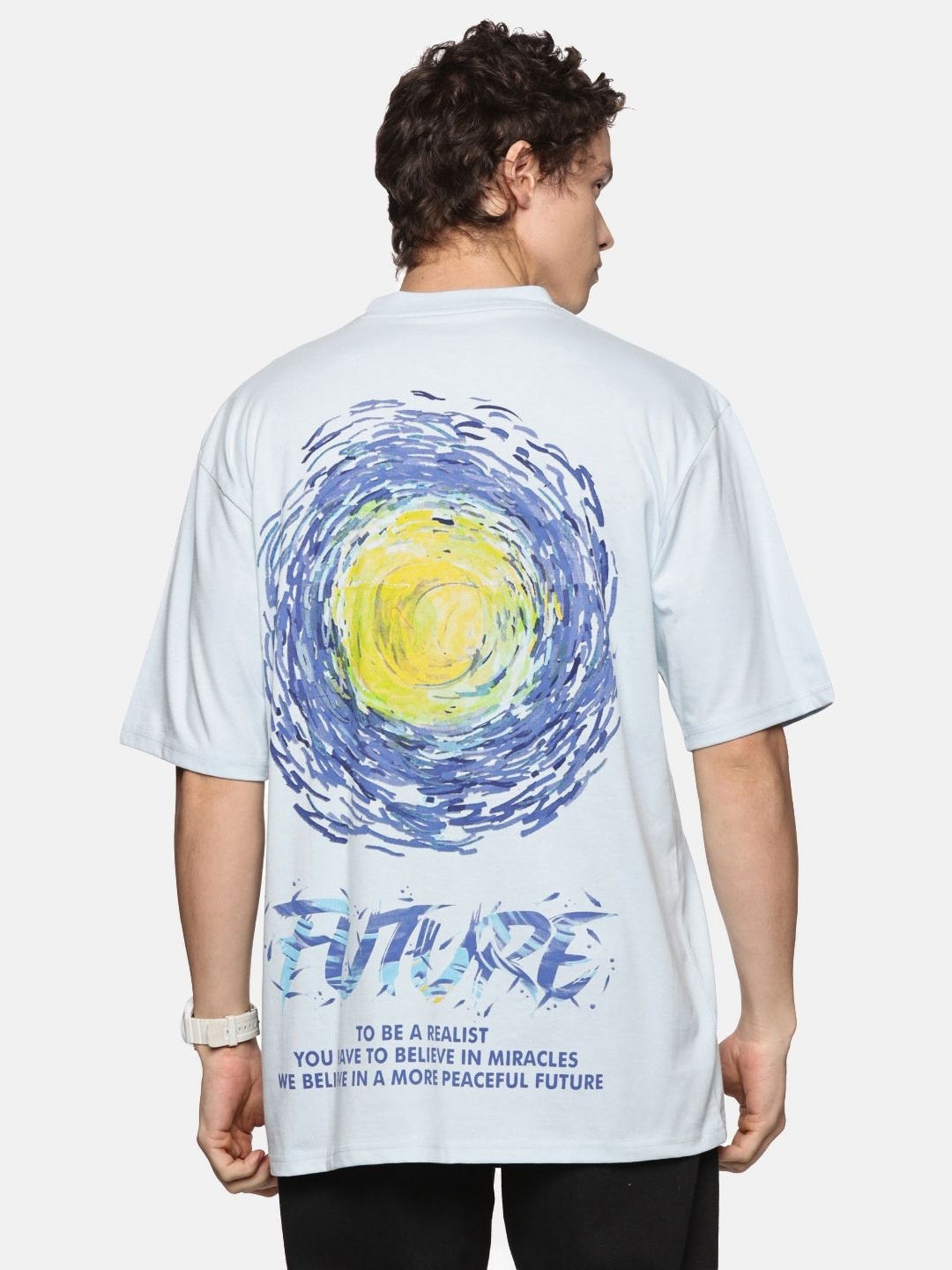 

THIRD QUADRANT Men Typography Printed Round Neck Cotton Oversized T-shirt, Blue