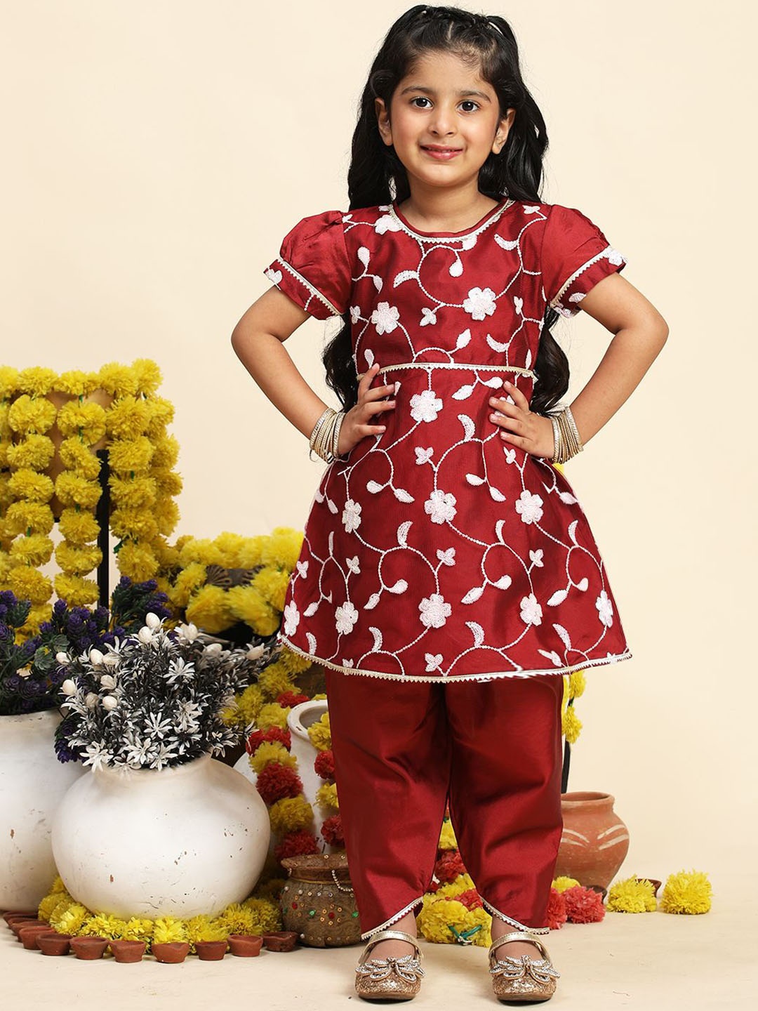 

Cutiekins Girls Floral Embroidered A-Line Kurta With Dhoti Pants, Maroon