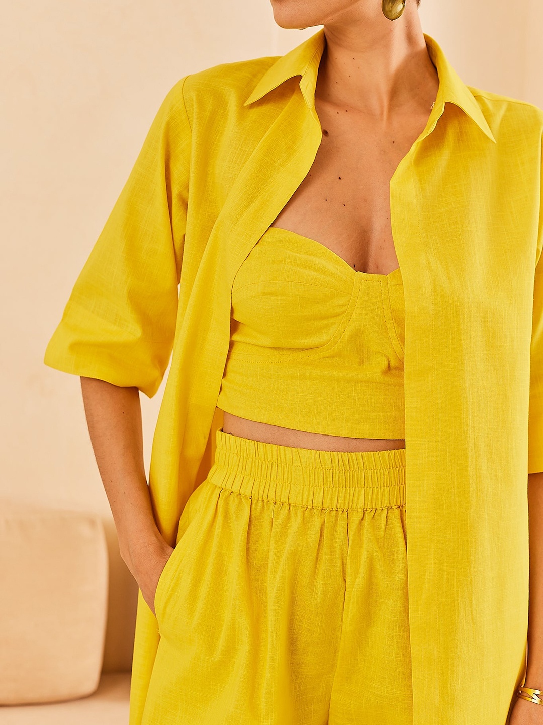 

Sage by Mala Strapless Cotton & Linen Top With Short & Shirt, Yellow
