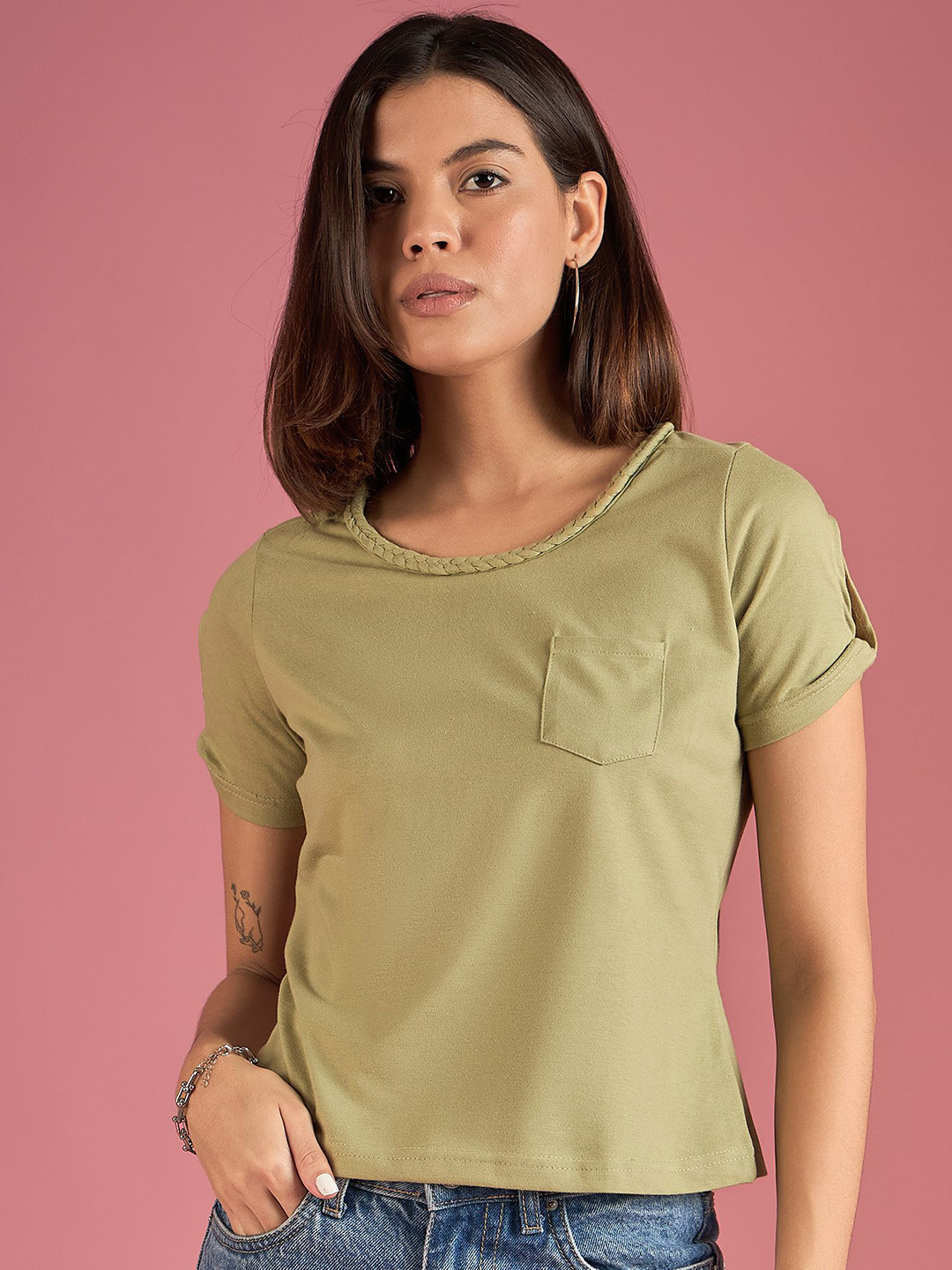 

DressBerry Women Solid Round Neck Cotton Top, Olive