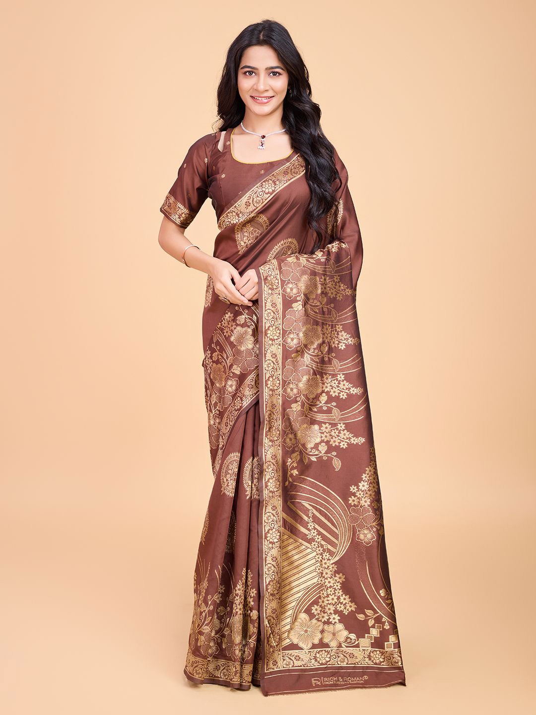 

RICH & ROMAN Woven Design Zari Pure Silk Banarasi Saree, Coffee brown