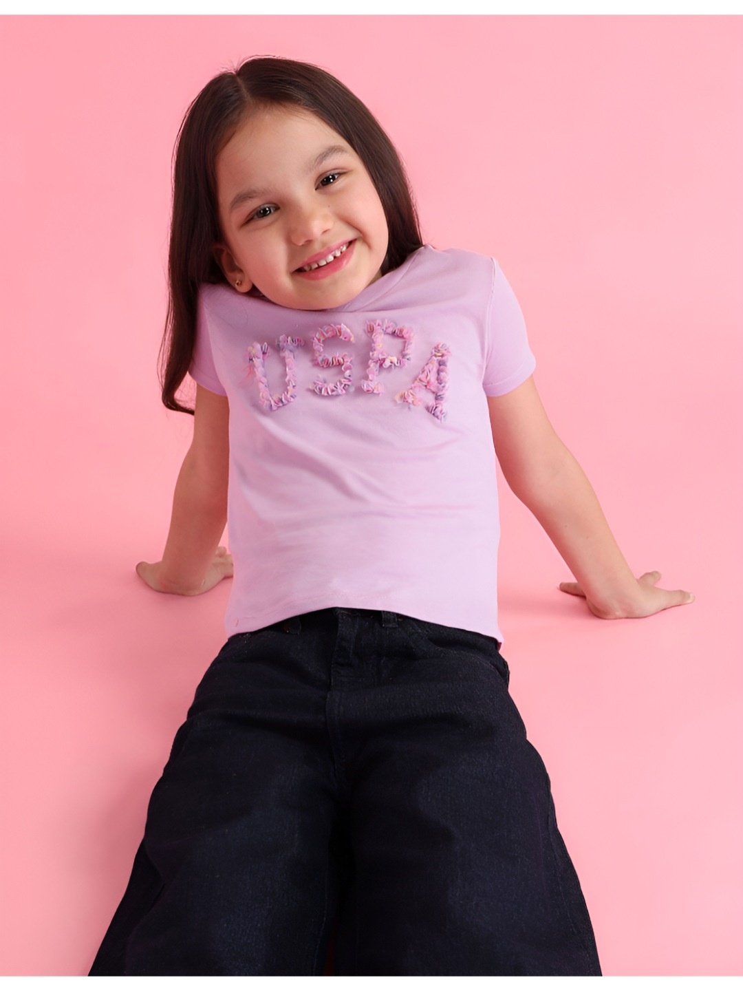 

U.S. Polo Assn. Kids Girls Typography Printed Round Neck Cotton T-shirt, Purple