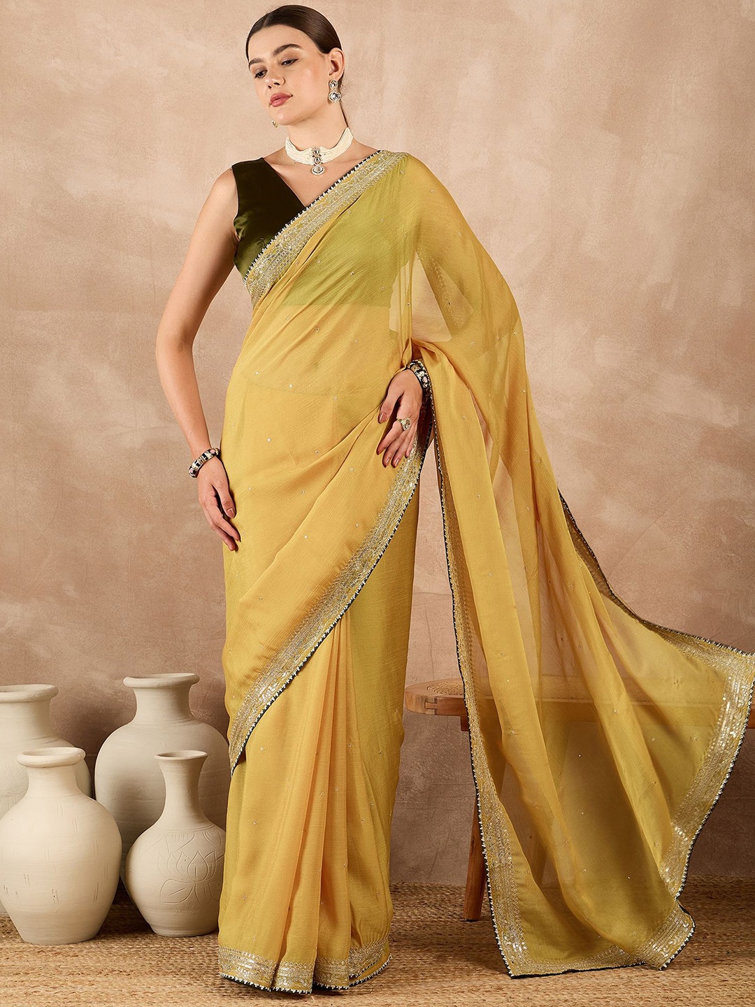 

all about you Solid Embellished Sequinned Pure Chiffon Saree, Yellow